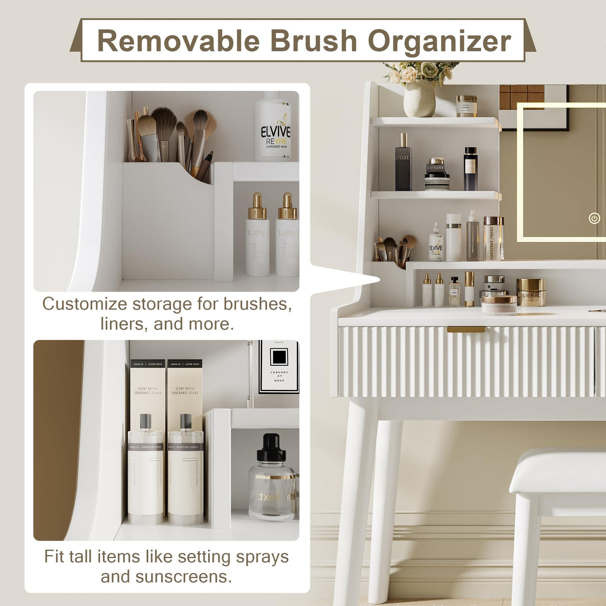 Einhomn Vanity Desk with Mirror & LED Lights, Fluted Makeup Table Set with Power Outlet & Hair Dryer Rack, Modern Dressing Table with Drawers & Adjustable Shelves, Cushioned Stool for Bedroom, White Einhomn