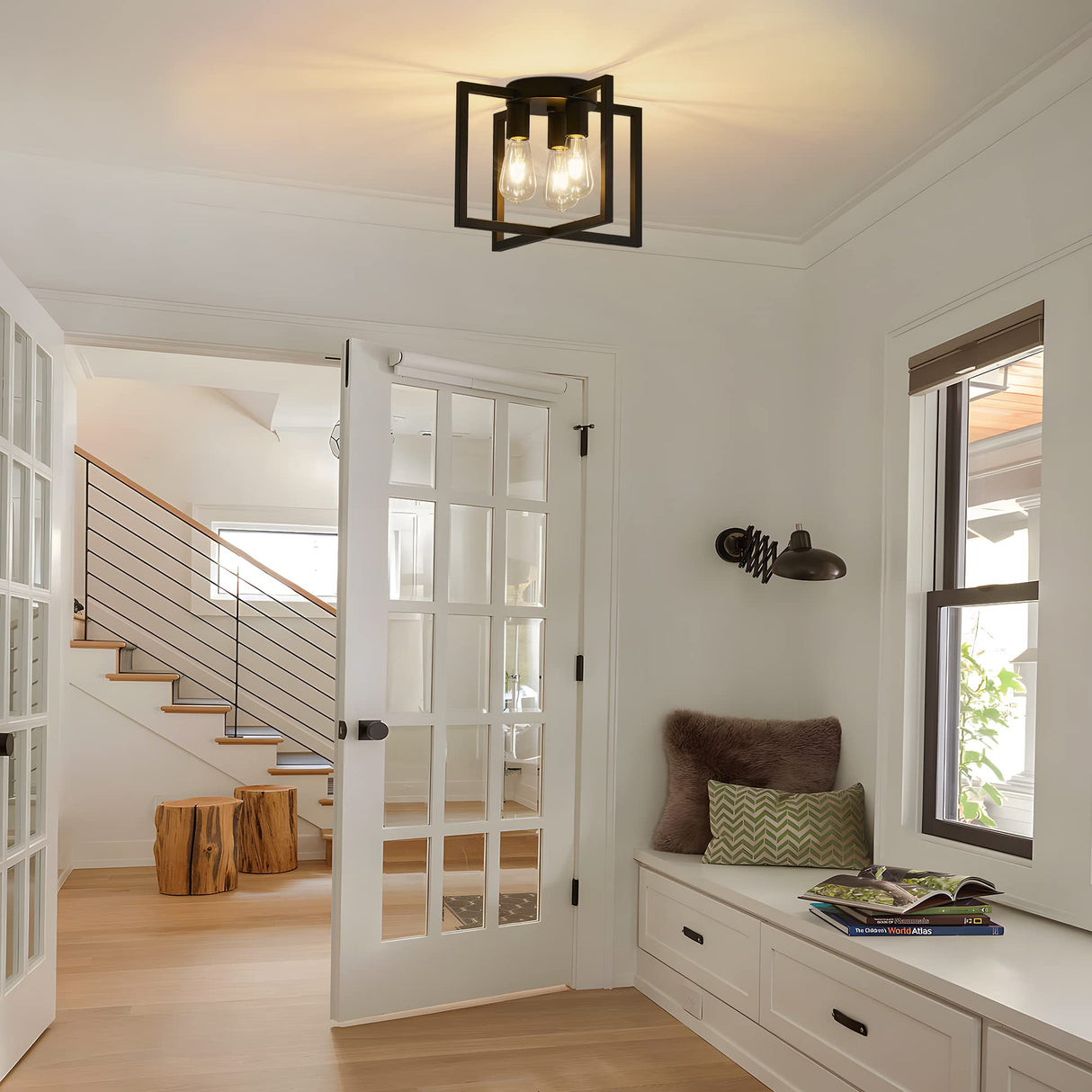 Bosomfr 3-Light Ceiling Light Fixture, Black Semi-Flush Mount Chandelier with Geometric Metal Shade, Farmhouse Industrial Lighting for Kitchen Living Room Bedroom Hallway Foyer, E26 Base Bosomfr