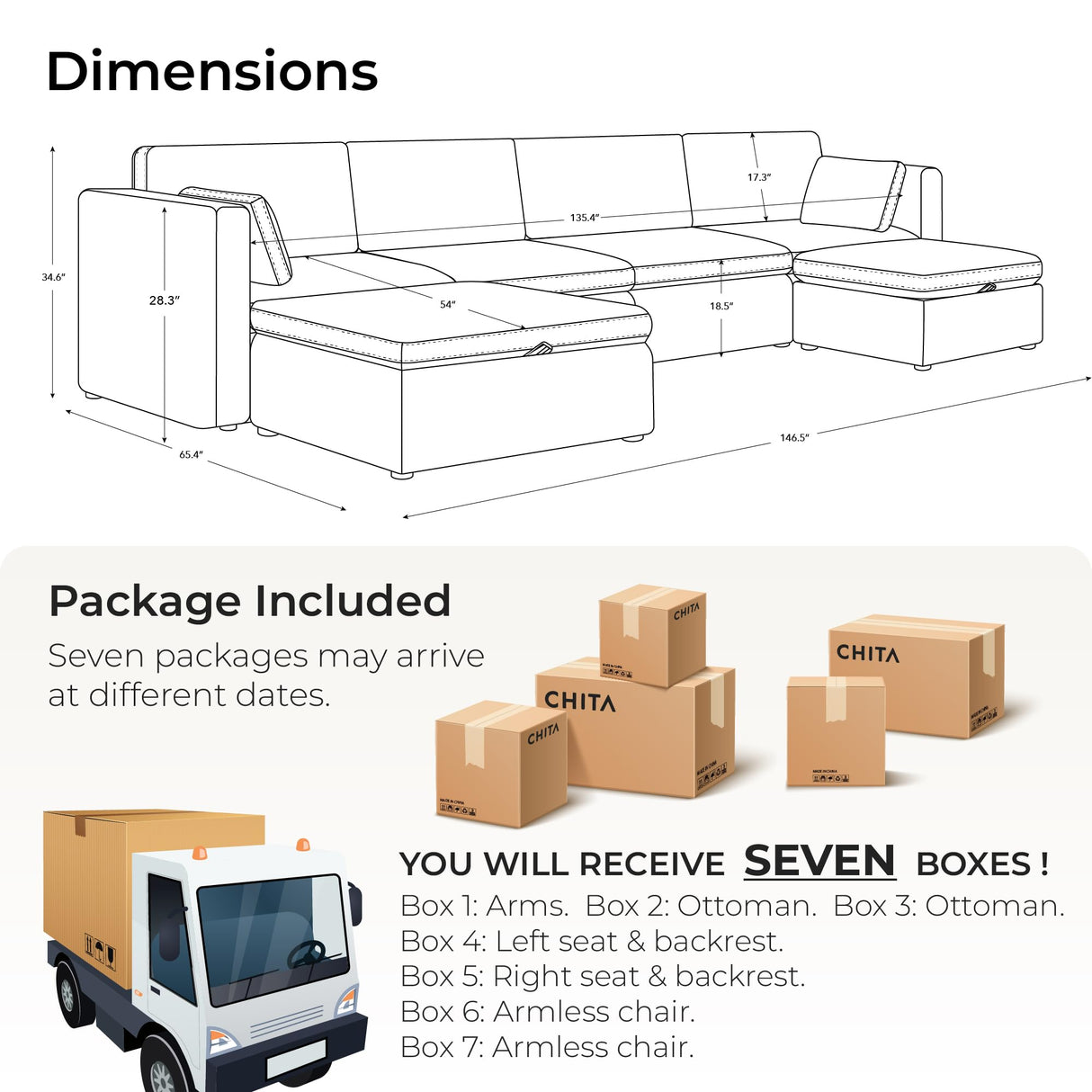 CHITA Oversized Modular Sectional Fabric Sofa Set, FSC Certified Extra Large U Shaped Couch Reversible Chaise Modular Sectional Couch, 146 inch Width, 6 Seat Modular Sofa with Storage Ottomans, Linen CHITA