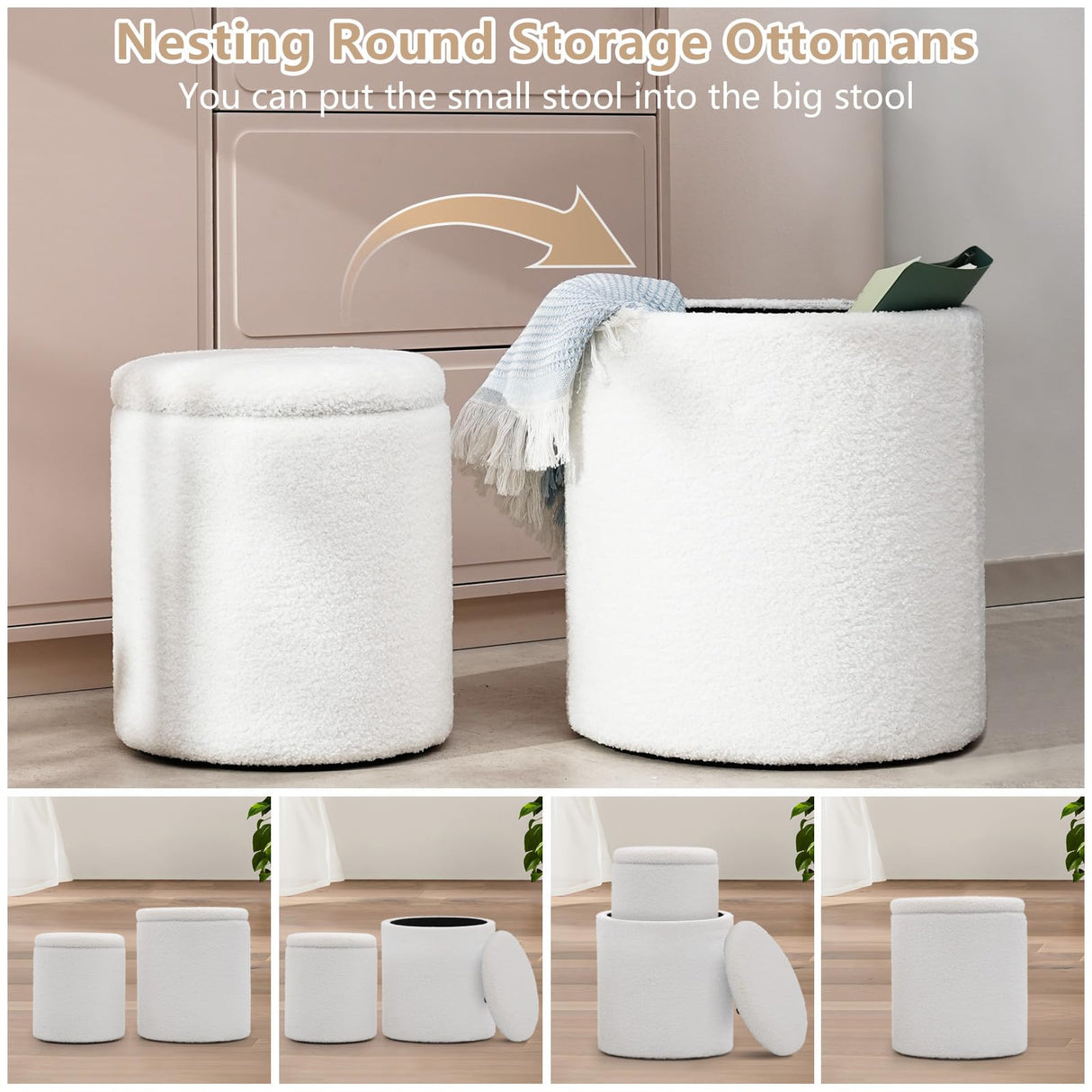 oakvivo Round Ottoman Foot Stool with Storage Set of 2, Storage Ottoman with Removable Lid, Soft Teddy Velvet Upholstered Footstool, Vanity Stool for Makeup, Foot Rest for Living Room, Bedroom, White oakvivo