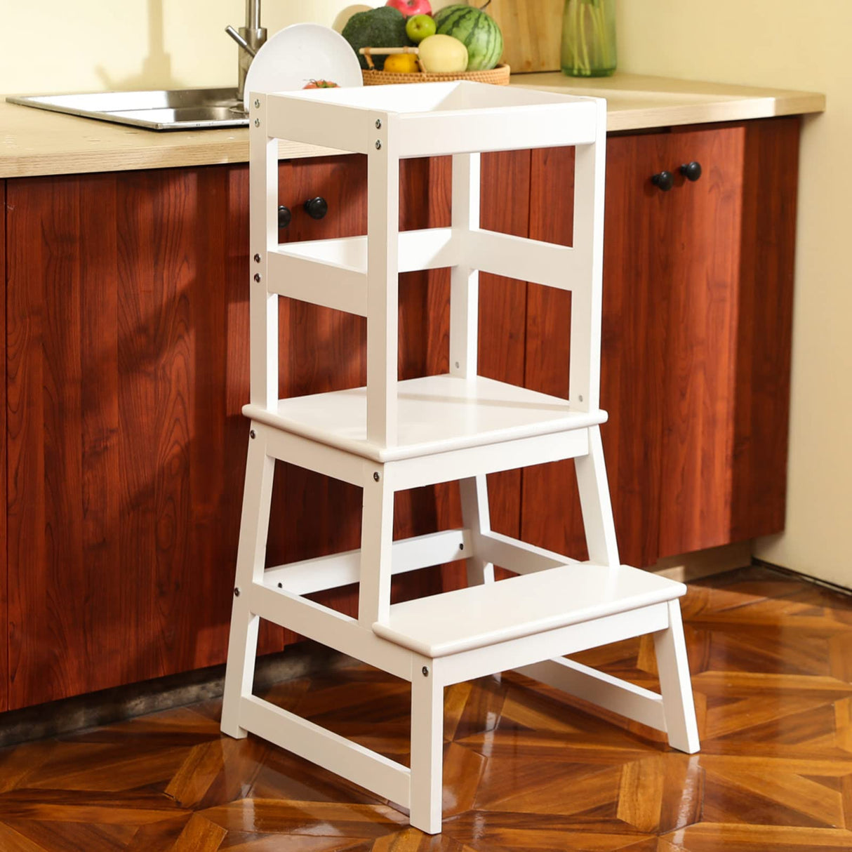 Kids Kitchen Step Stool with Safety Rail,Wooden Toddler Standing Tower for Kitchen Counter, Kids Montessori Stool, Solid Wood Construction,White Wiifo