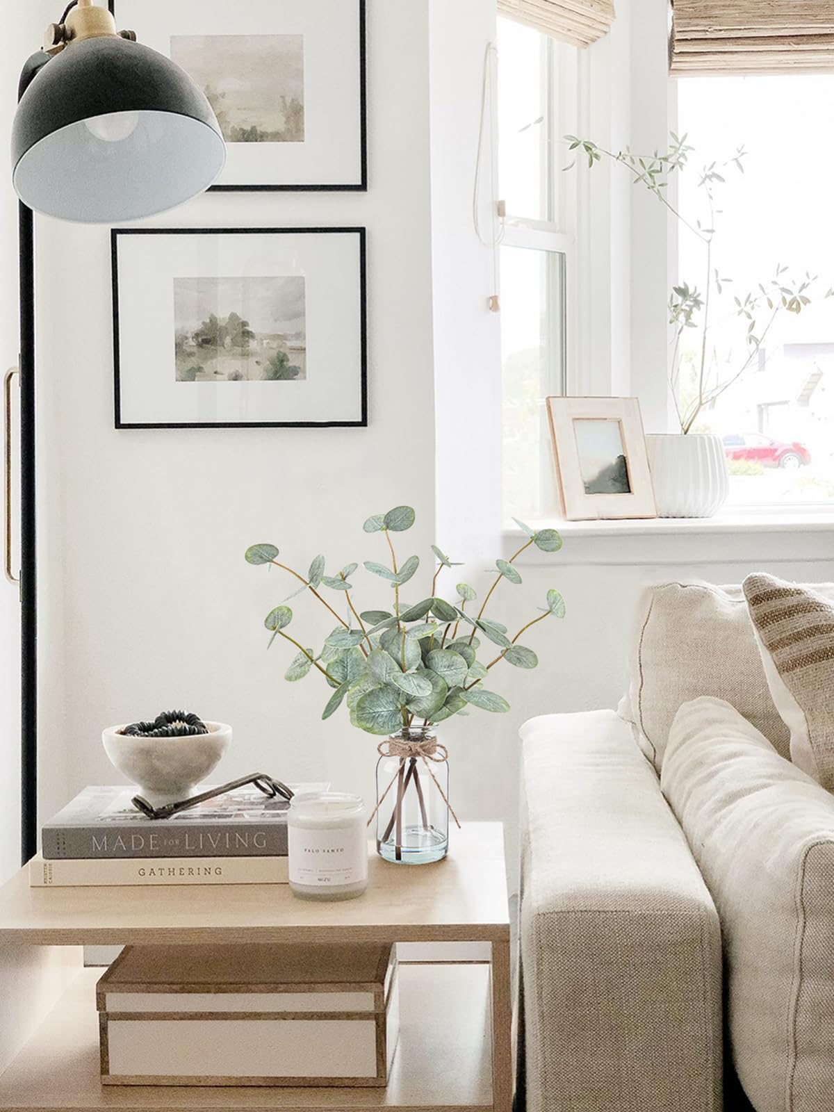 Bessol Artificial Eucalyptus Stems in Glass Vase with Faux Water, 13.5” Fake Plants for Home Decor, Coffee Table Centerpieces, Office, Bathroom & Farmhouse Weddings - Faux Greenery Plants Decorations Bessol