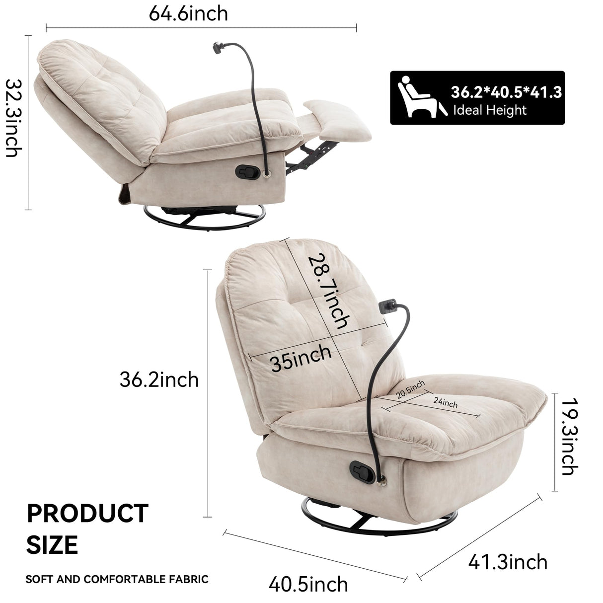 LEHZROAJ Swivel Rocker Recliner Chair for Adult, Power Glider Nursery Rocking Chair, Armless Single Recliner Sofa for Living Room, Oversized & Overstuffed, Phone Holder Included, White LEHZROAJ