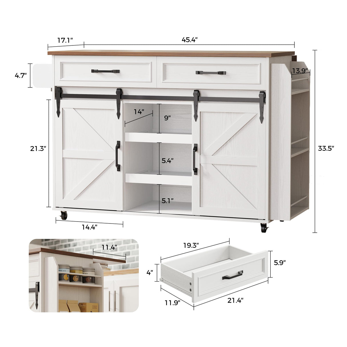 IRONCK Kitchen Island with Storage, Rolling Kitchen Island Cart with Drop Leaf Countertop, Island Table for Kitchen with Pull-Out Shelf, Barn Doors, for Dining Room, Home Bar, White IRONCK