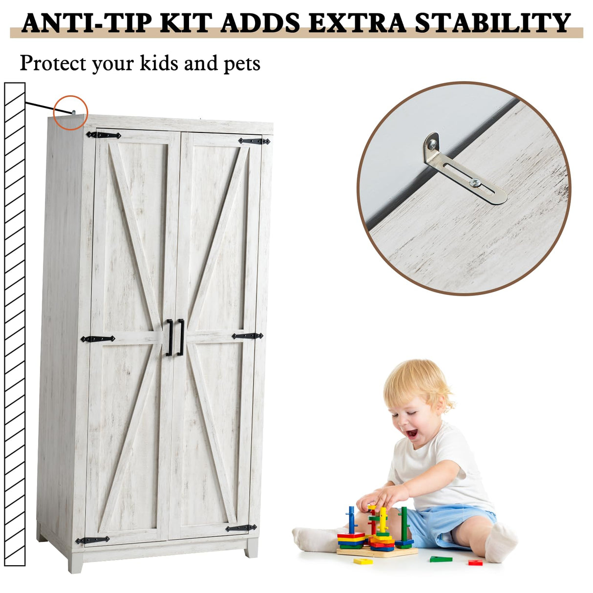 LUXOAK 70" Large Armoire Wardrobe Closet with Hanging Rod, Farmhouse Clothing Storage Cabinet with 2 Barn Doors, Wooden Tall Bedroom Armoires with Shelf, Distressed White LUXOAK