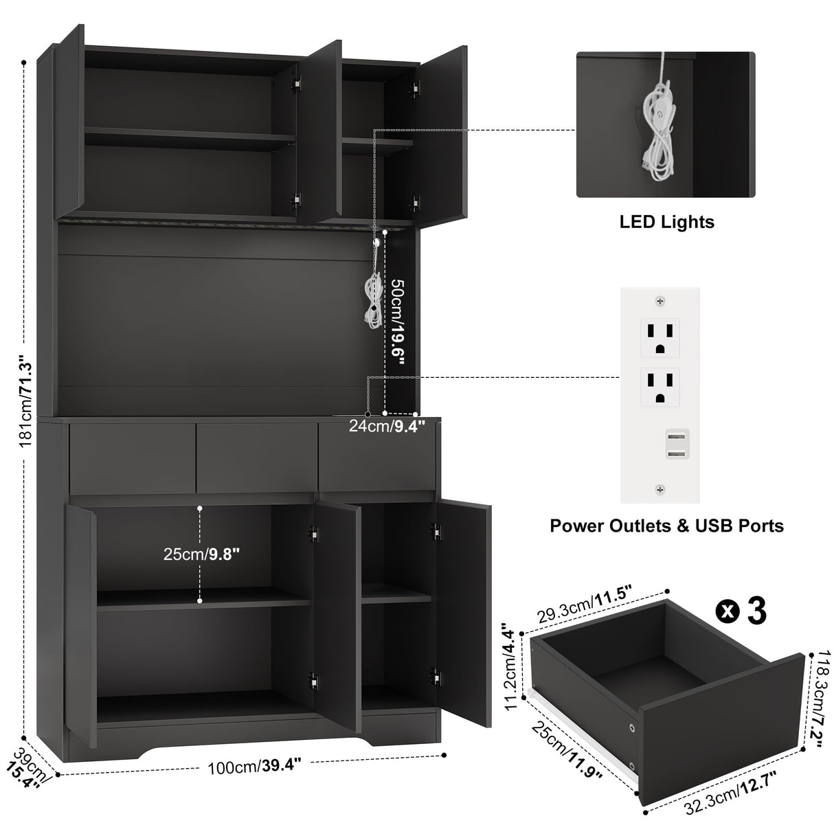 NBYSGO 71" Pantry Cabinet with Power Outlets and Led Lights,Freestanding Kitchen Pantry Storage Cabinet with Microwave Stand,Tall Kitchen Hutch with Storage Drawers,Dining Room,Black NBYSGO