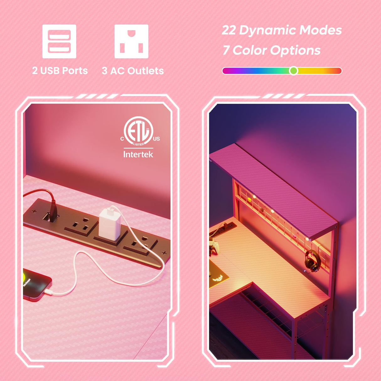 Bestier 42 L Gaming Desk,Computer Desk with Power Outlets, LED Lights, Reversible Corner Desk with 4-Tier Shelves,Cup Holder & Hook Carbon Fiber Pink Bestier