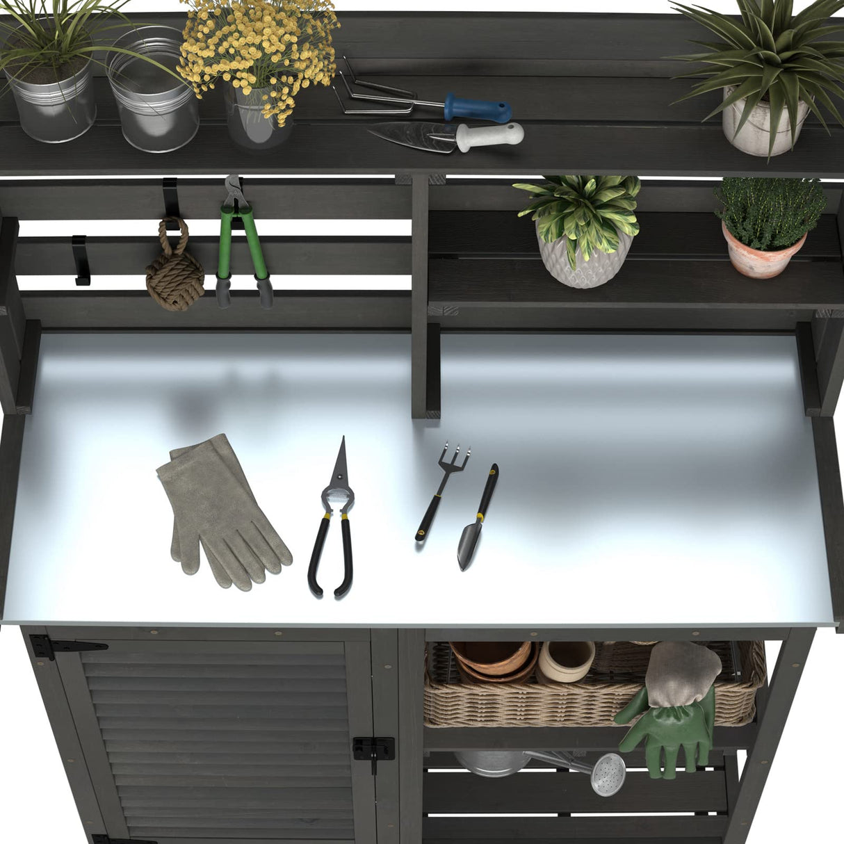 GDLF Potting Bench Table Large Garden Outdoor Work Bench Metal Tabletop Workstation with Storage Cabinet Shelf Dark Grey GDLF