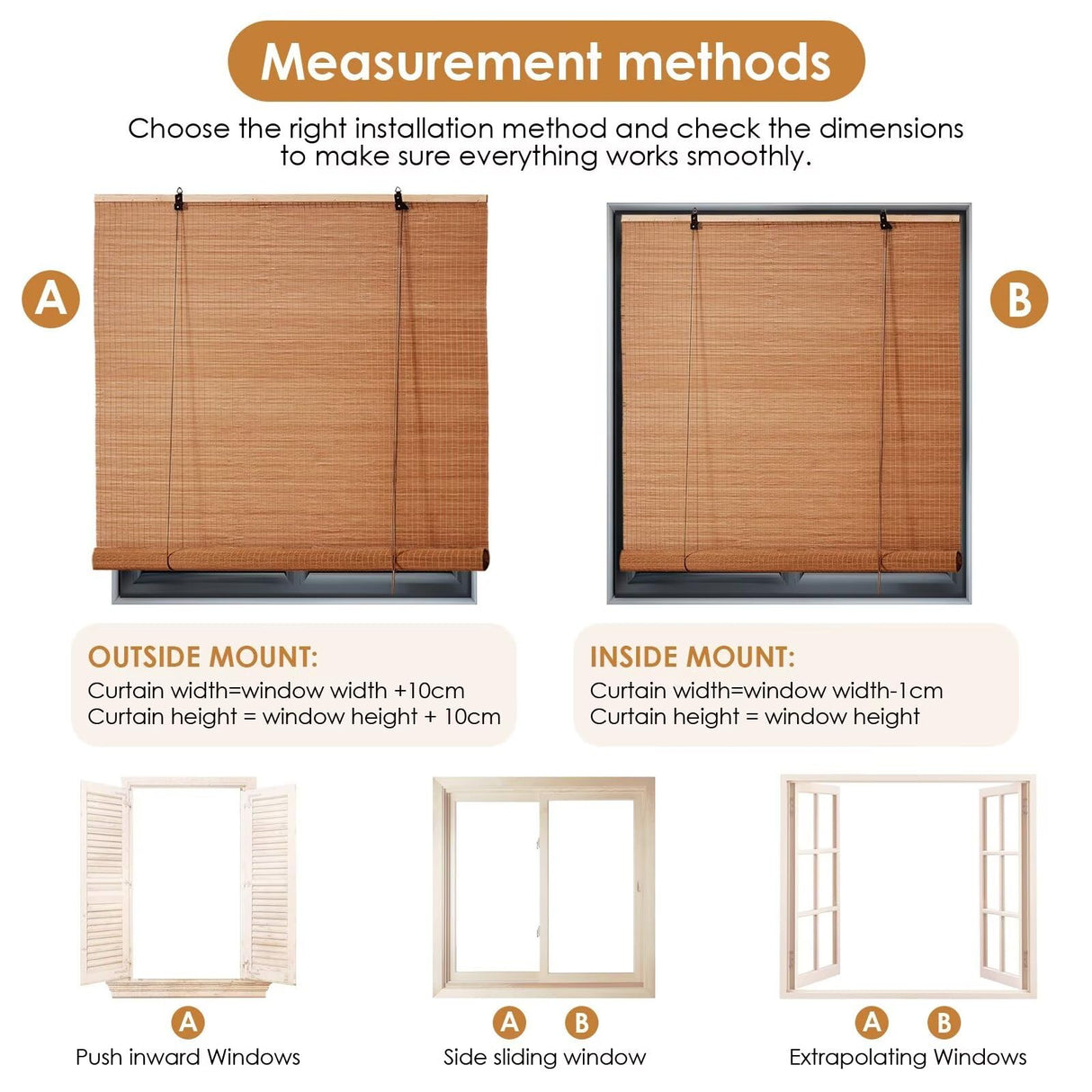 Bamboo Roller Blinds Shades,Outdoor Bamboo Roll Up,Vertical Lifting,Natural,Breathable,Waterproof Roller Shades for Privacy Protection,Sun Shade,Blackout,Ventilation,Easy Installation,36x72in(WxH BAYUE