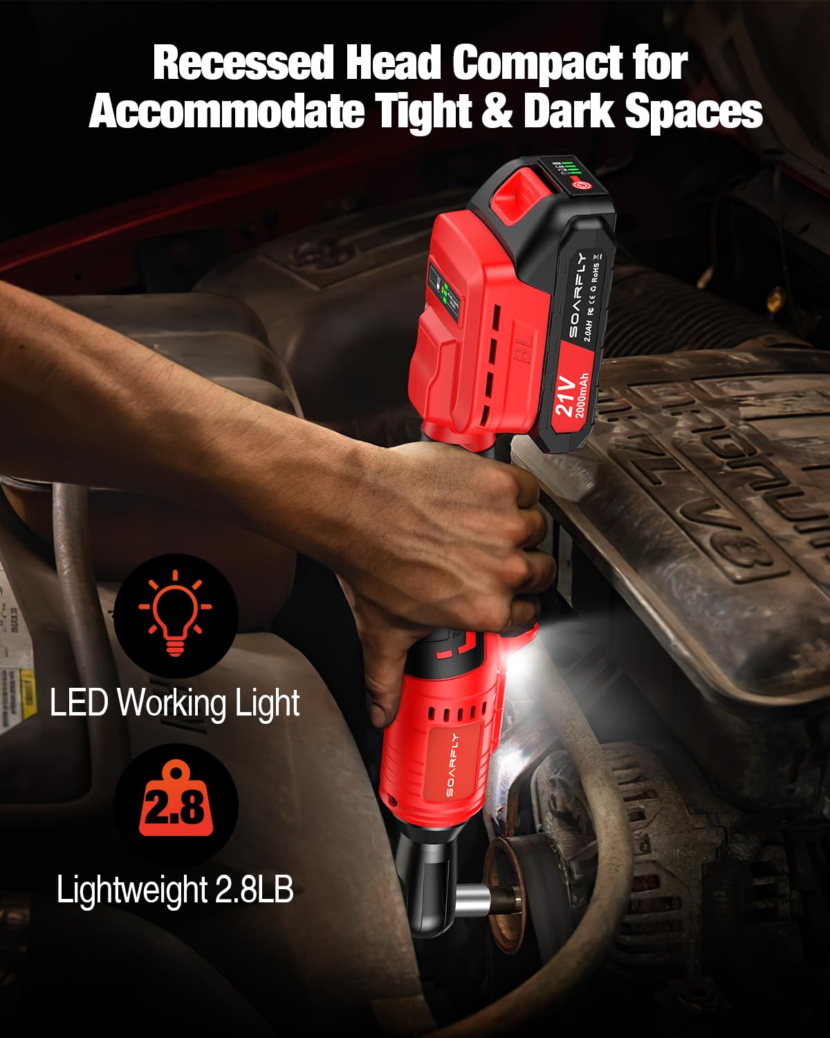 Cordless Electric Ratchet Wrench Set 3/8", Upgraded 60 Ft-lbs 21V Powerful Ratchet Tool Kit, With LED Light Cordless Ratchet,Variable Speed,7 Sockets, 3" Extension Bar, 1/4" Adapter, 2*2000mAh Battery SOARFLY