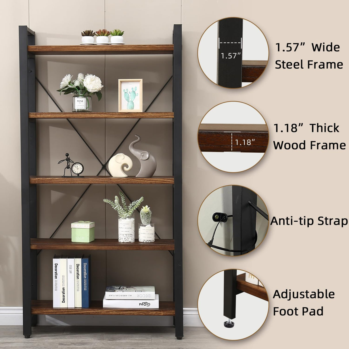 WH-AOERPUMY 5 Tier Bookcase, Solid Wood Bookshelf Rustic Vintage Industrial Etagere Bookcase, Metal and Wood Free Vintage Bookshelf, Retro Brown (Real Wood) (5-Tiers) WH-AOERPUMY