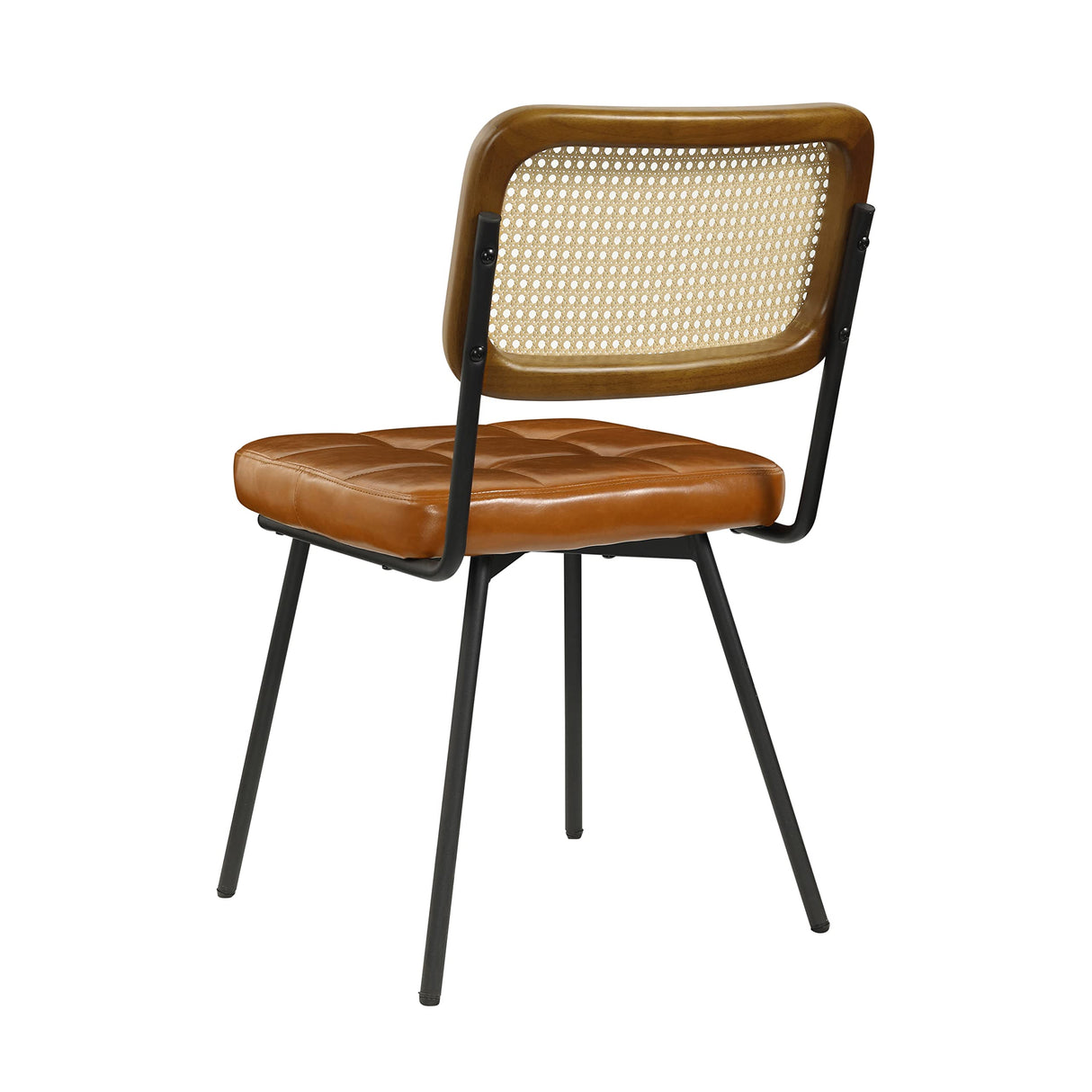 Art Leon Rattan Dining Chairs, Set of 2, Rubber Wood Frame, Mid Century Modern Dining Room Chairs with Rattan Woven Back, Faux Leather Upholstered Kitchen Chairs with Black Metal Legs, Yellow Brown Art Leon