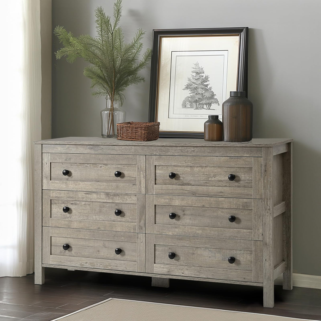 HALLYBEE Farmhouse 6 Drawer Dresser for Bedroom, 54" Long Wood Chest of Drawers with Round Metal Handle, Storage Dresser Organizer, TV Stand Dresser for Bedroom, Living Room, Hallway, Light Rustic Oak HALLYBEE