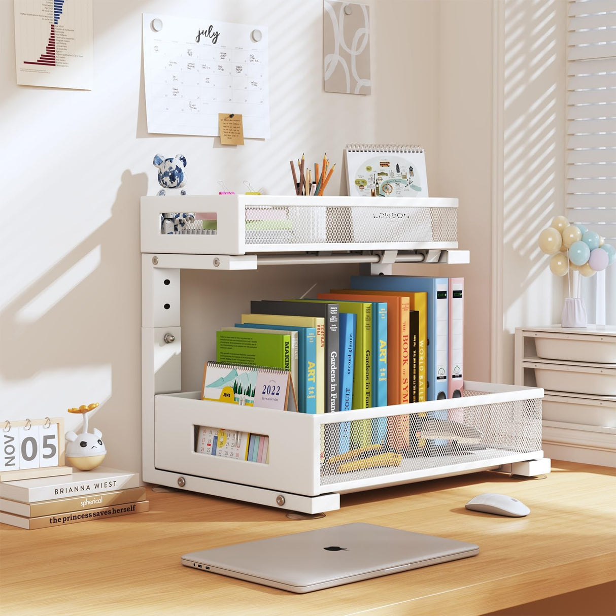 2-Pack Under Sink Storage Organizer, Large 2-Tier Elegant Mesh Pull Out Shelf for Kitchen and Bathroom Cabinet Organization, L-Shaped and Adjustable Height Design for Maximum Space Efficiency-White Biboraya