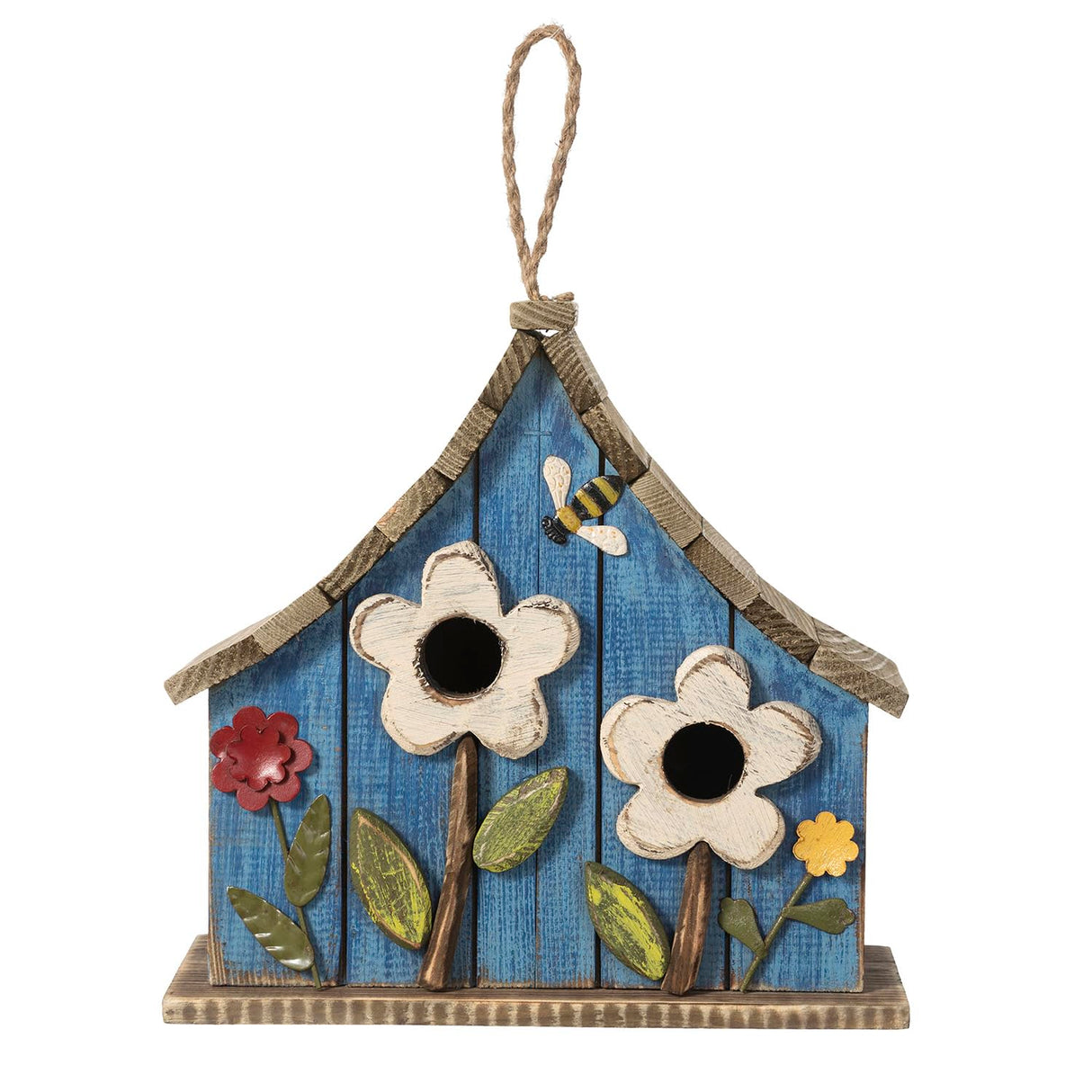 Glitzhome 10.75" L Distressed Solid Wood Hanging Birdhouse with 3D Flowers Rustic Hand-Painted Garden Bird Houses for Outdoors Decorative Glitzhome