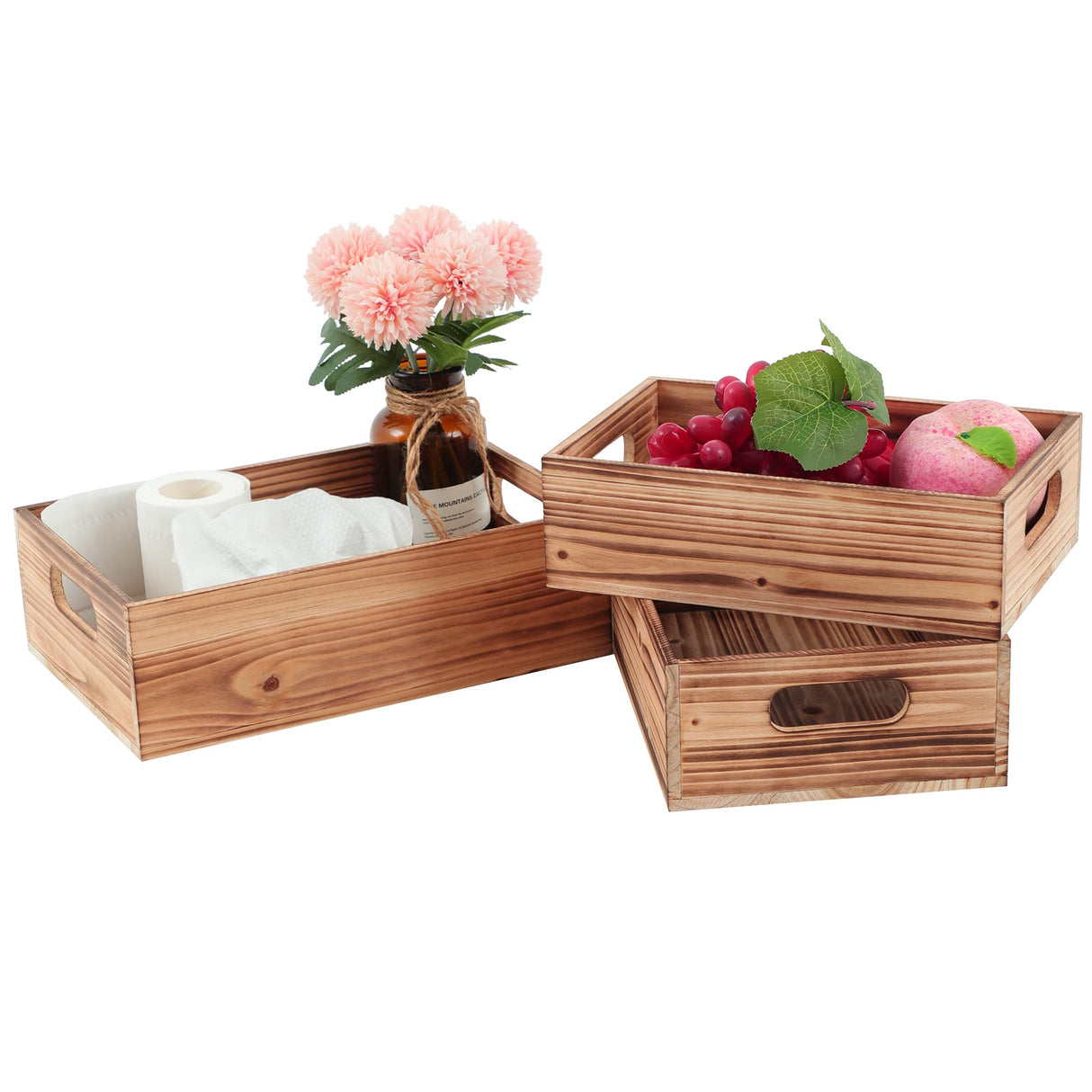 PHOENANCEE Wood Crates For Display,Rustic Crate Storage Decorative Boxes Set of 3,Wooden Nesting Box with Handles Farmhouse Container Basket Bin Home Decoration with Natural Wood Aroma,L+M+S PHOENANCEE