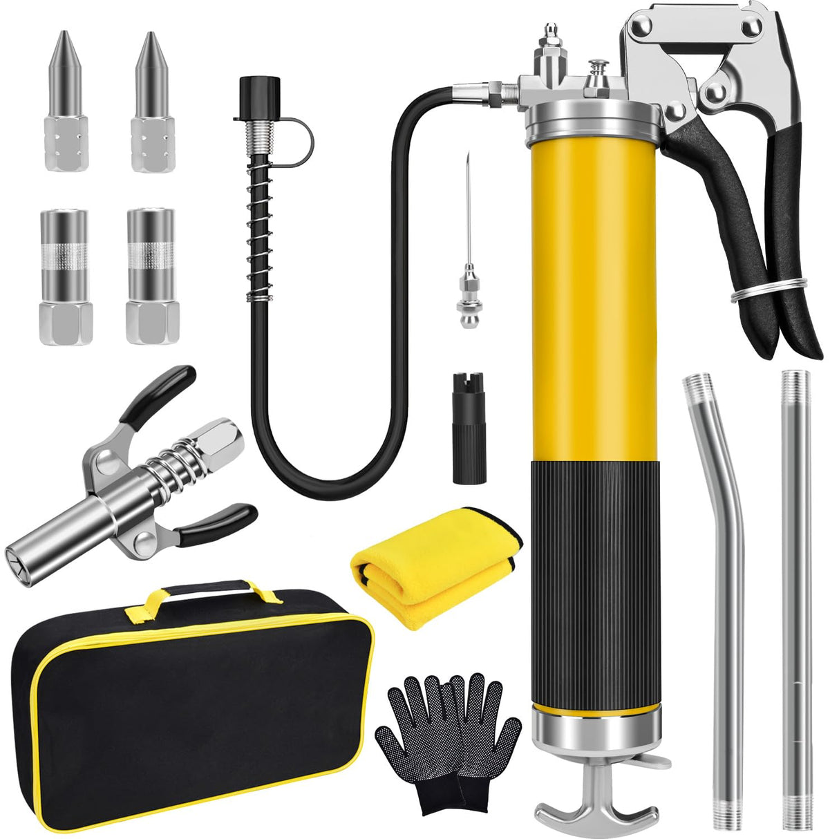 Grease Gun Kit, 7000 PSI Heavy Duty Pistol Grip Grease Gun with 14 oz Capacity, Includes 18 Inch Resin Flex Hose, Double Handle Grease Coupler and Other Accessories, Grease Gun for Automotive, Marine GETLMUL