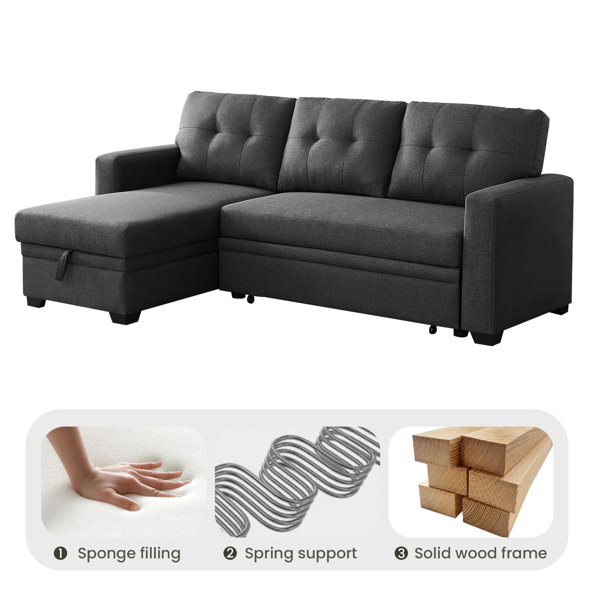 Yafylly L Shape Sleeper Sofa Bed with Storage, Large Full Size Pull Out Sectional Couch, Futon Chaise Lounge Recliner for Living Room, Apartment, Bedroom, Office Yafylly