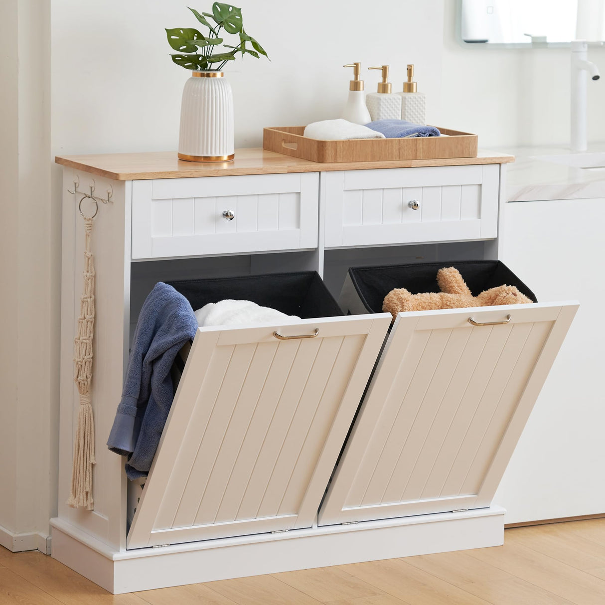 Spurgehom Double Tilt Out Trash Cabinet Kitchen Waste Bins,2x13 Gallon Laundry Hamper Tilt Out Trash Can Cabinet,Pet Proof Trash Can for Living Room,White Spurgehom