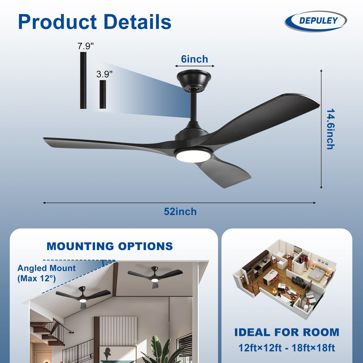 Depuley 52-Inch Ceiling Fan with Light: Black 3 Blade Outdoor Fans for Patios - Dimmable Indoor Fan with Remote APP Control Ultra Quiet DC Motor Reversible 6 Speed Timer Depuley
