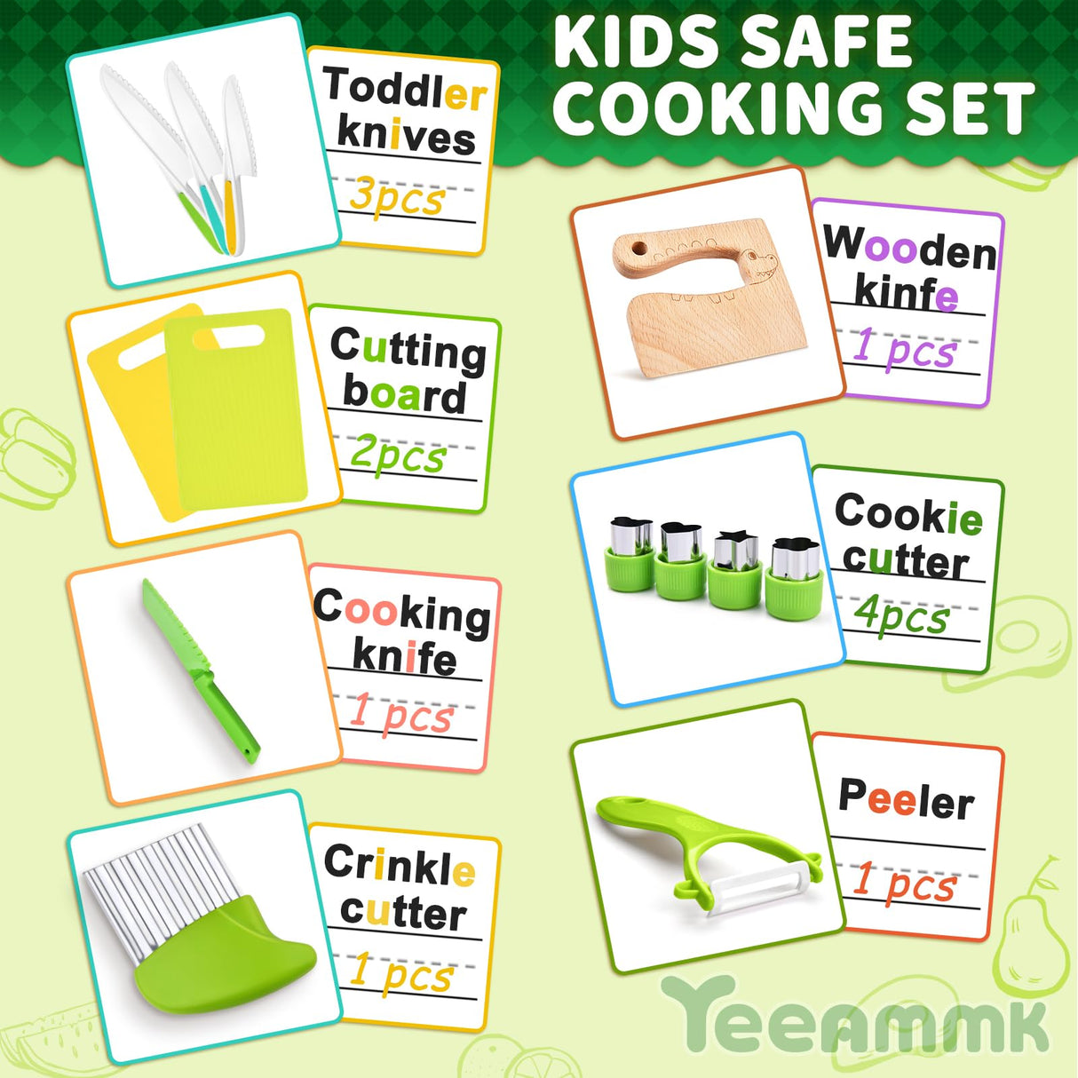 13 Pieces Montessori Kitchen Toys for Toddlers-Kids Cooking Sets Real-Toddler Toys Set for Real Cooking with Plastic Children Safe Knives Crinkle Cutter Kids Cutting Board Yeeammk