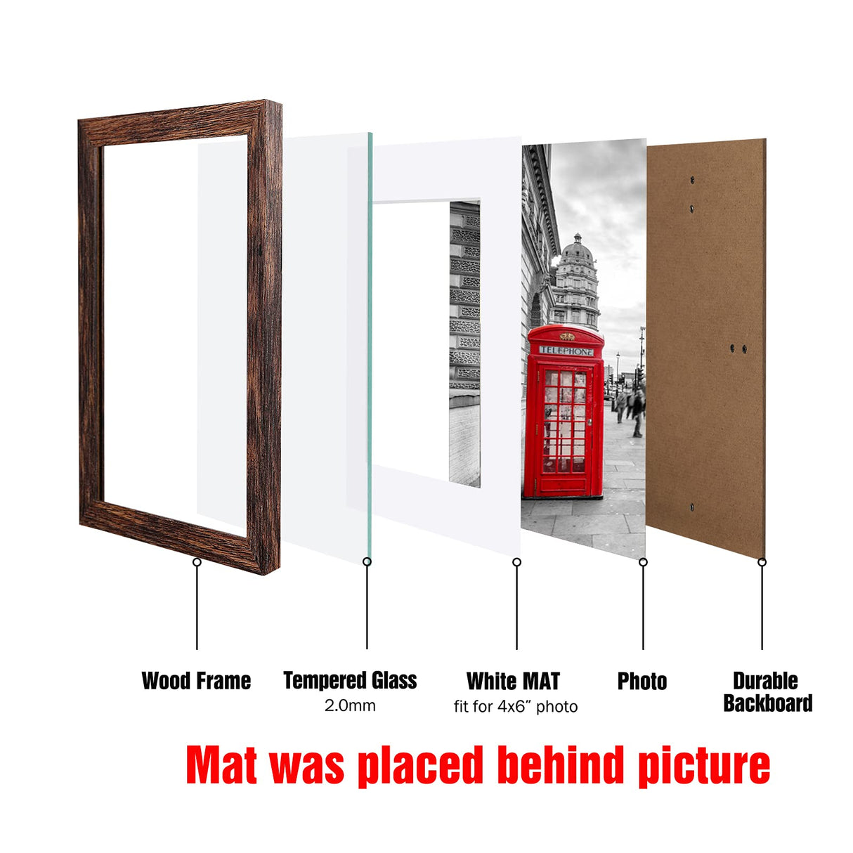 BAIJIALI 5x7 Picture Frame Distressed Farmhouse Wood Pattern Set of 4 with Tempered Glass,Display 4x6 with Mat or 5x7 Without Mat,Multicolour BAIJIALI