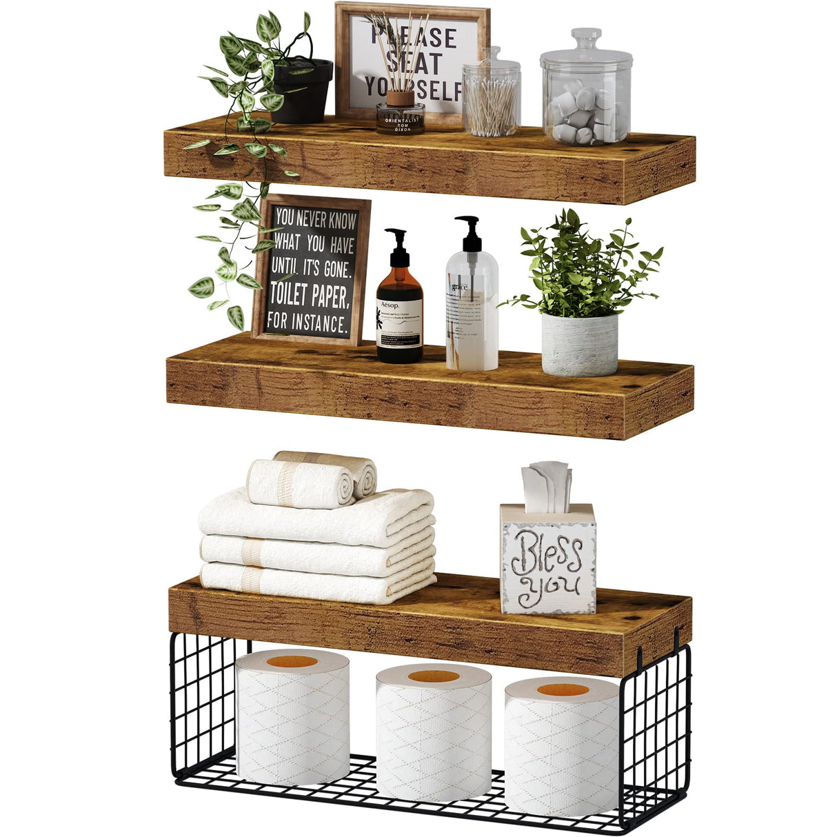 QEEIG Bathroom Shelves Over Toilet Wall Mounted Floating Shelves Farmhouse Shelf Toilet Paper Holder Small 16 inch Set of 3, Rustic Brown (019-BN3) QEEIG