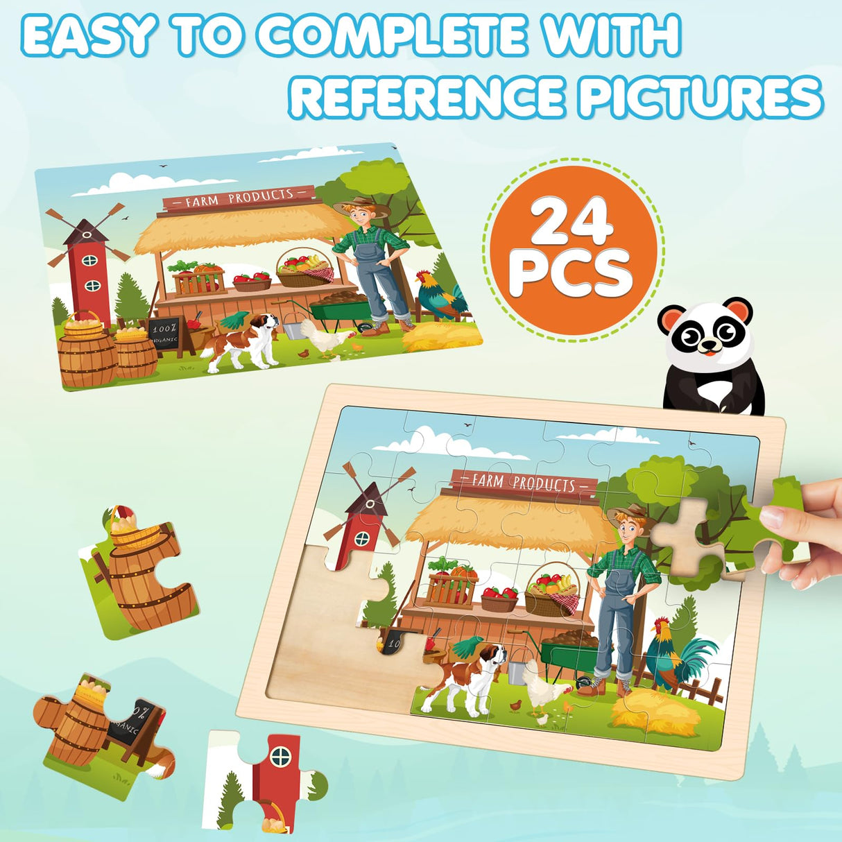Wooden Farm Puzzles for Kids Age 3 4 5 Year Old, 4 Pack 24 Pcs Montessori Toddler Jigsaw Puzzles for Girl boy Activities Preschool Learning Educational Birthday Gift LACCHOUFEE