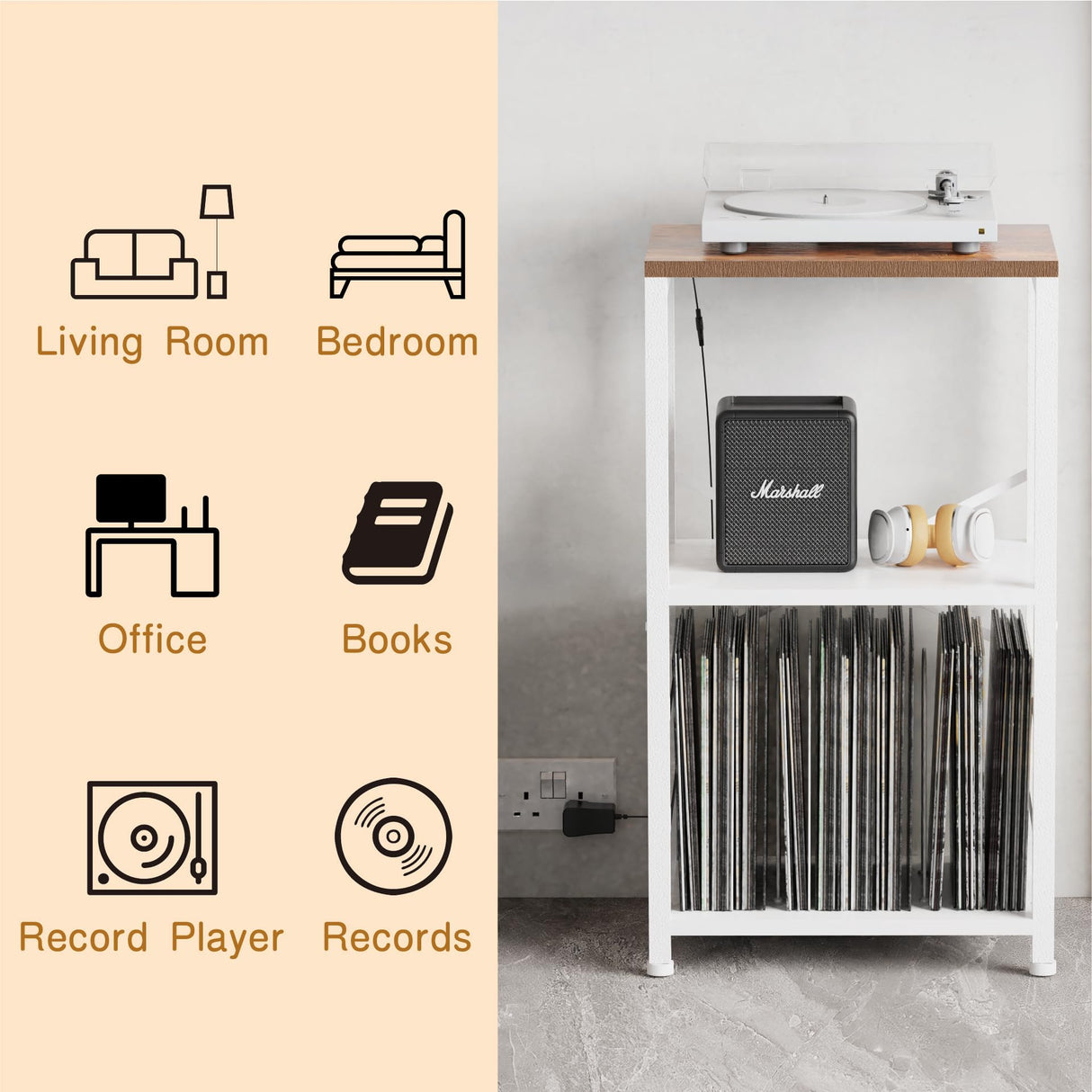 YAKANJ End Table with LED Light,Record Player Stand with Albums Storage,Vinyl Records Storage,Turntable Stand Side Table for Music Room Studio Living Room Bedroom-White YAKANJ