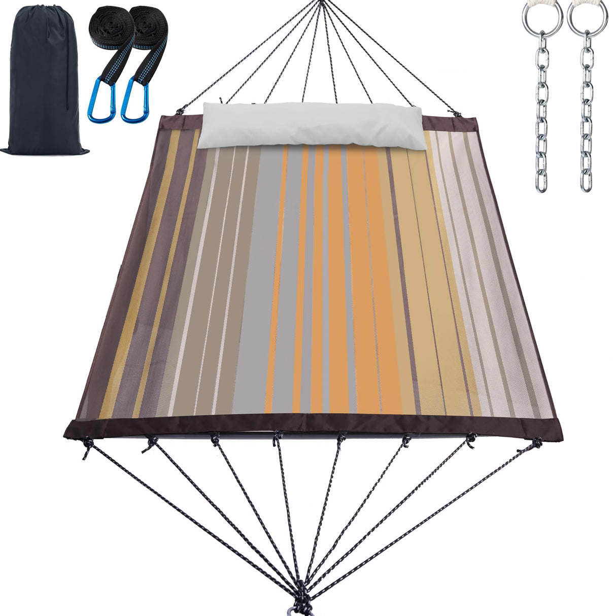 GAFETE 14ft Two Person Outdoor Hammock, Portable Camping with Folding Steel Spreader Bar, Carrying Bag, Carabiners, Tree Straps, Pillow & Sidebag, Quick Dry Textilene, 550 lbs Capacity (Coffee) gafete