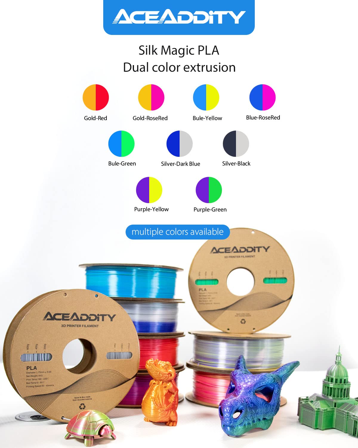 Aceaddity Silk Magic PLA 3D Printer Filament, Dual-Colour Co-Extrusion 1.75mm 3D Printing PLA Filament, Shiny Silk Coextruded PLA, Dimensional Accuracy +/- 0.02 mm, 1kg/2.2lbs (Blue-Rose Red) Aceaddity