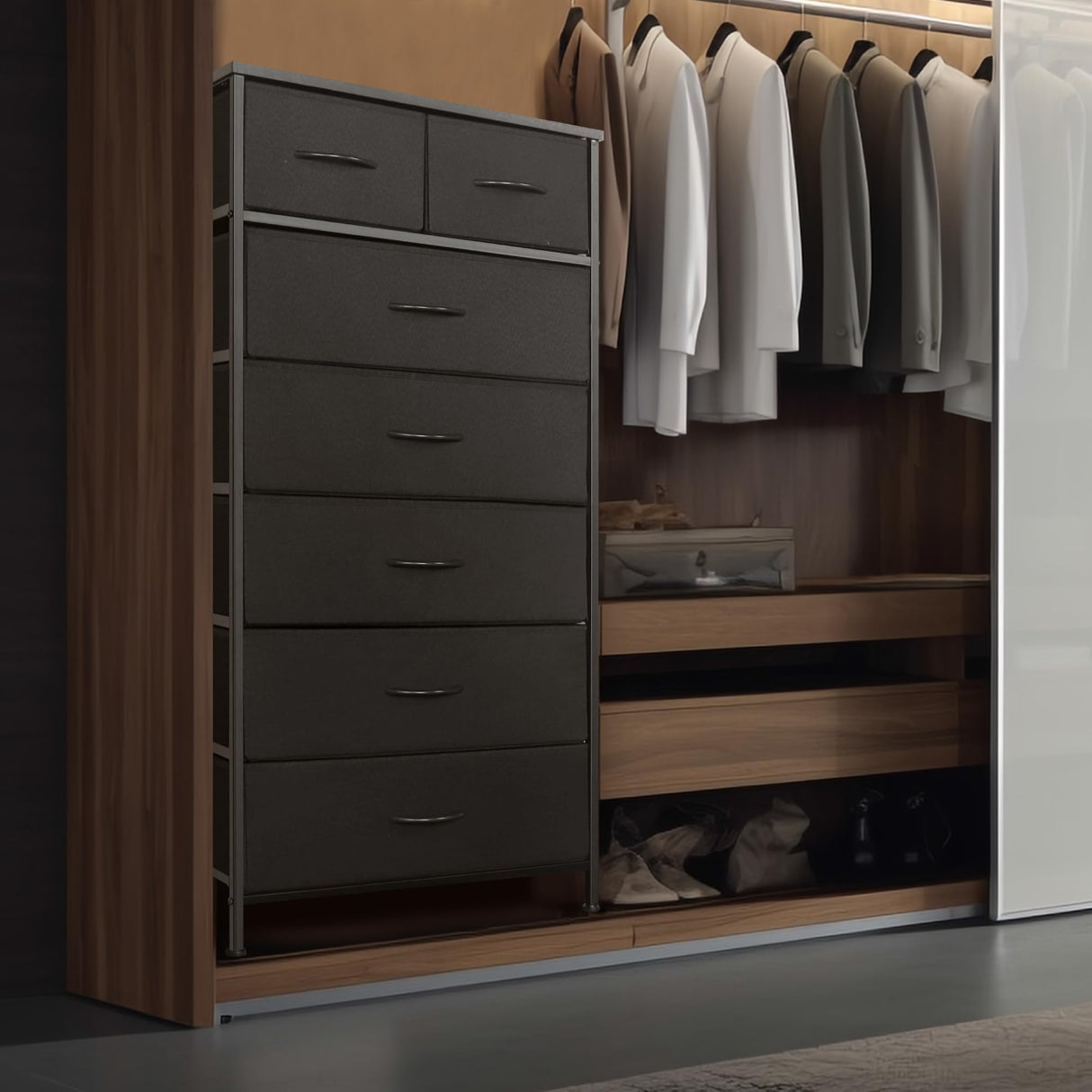 Mifuro Tall Dresser for Bedroom, Vertical Storage Organizer Tower with 7 Drawers, Chest of Drawers with Fabric Bins, Steel Frame, Wood Top for Bedroom, Closet, Entryway- Black Mifuro