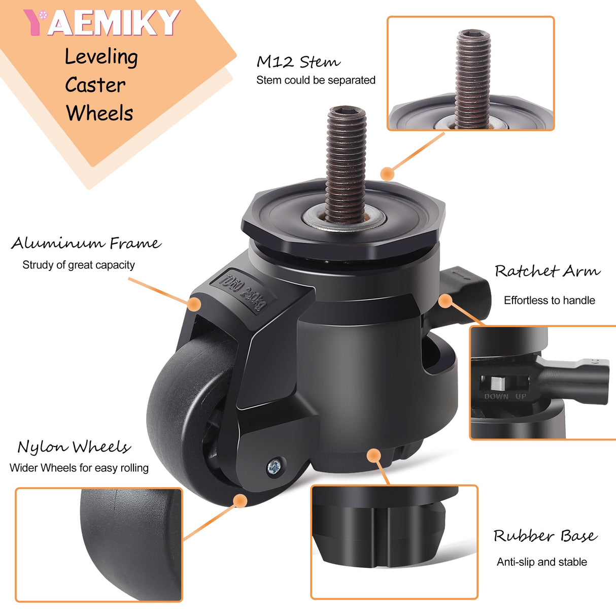 Leveling Stem Casters,M12 Thread Casters Set of 4 Heavy Duty with Leveling feet,2200 LBS Retractable Caster Wheel with Ratchet Arm,Adjustable Nylon Wheels for Equipment, Machine(Hardware Included) YAEMIKY