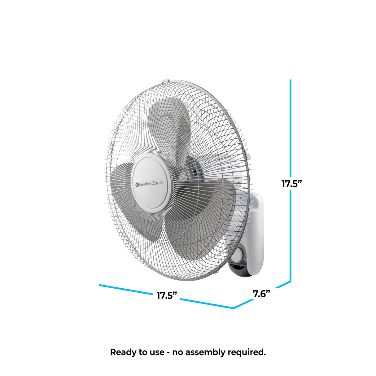 Comfort Zone Oscillating Wall Mount Fan with Adjustable Tilt, 16 inch, 3 Speed, Metal Grille, 90 Degree Oscillation, Airflow 14.07 ft/sec, Ideal for Home, Bedroom, Gym & Office, CZ16W Comfort Zone