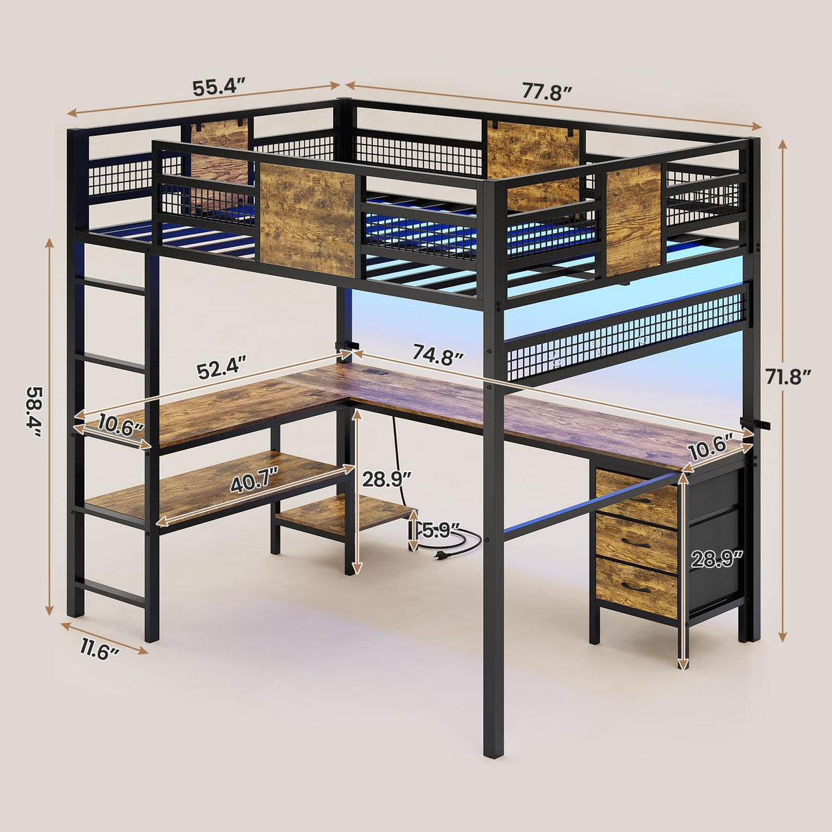 BTHFST Full Size Loft Bed with L-Shaped Desk and 3 Storage Drawers, LED Lights & Charging Station, Open Storage Shlef, Metal Loft Bed Frame with Solid Slats and Guardrail, Space Saving, Black BTHFST