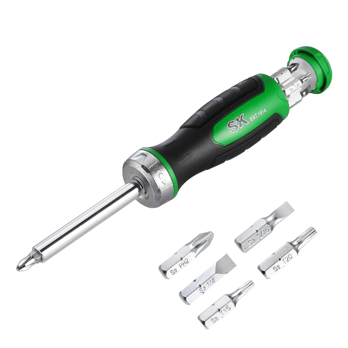 SK 7-in-1 Ratcheting Screwdriver, 216-P, 6 Bits (Phillips, Star, Slotted), 1 Nut Driver Size (1/4 Inch), S2 Steel, SureGrip Handle SK