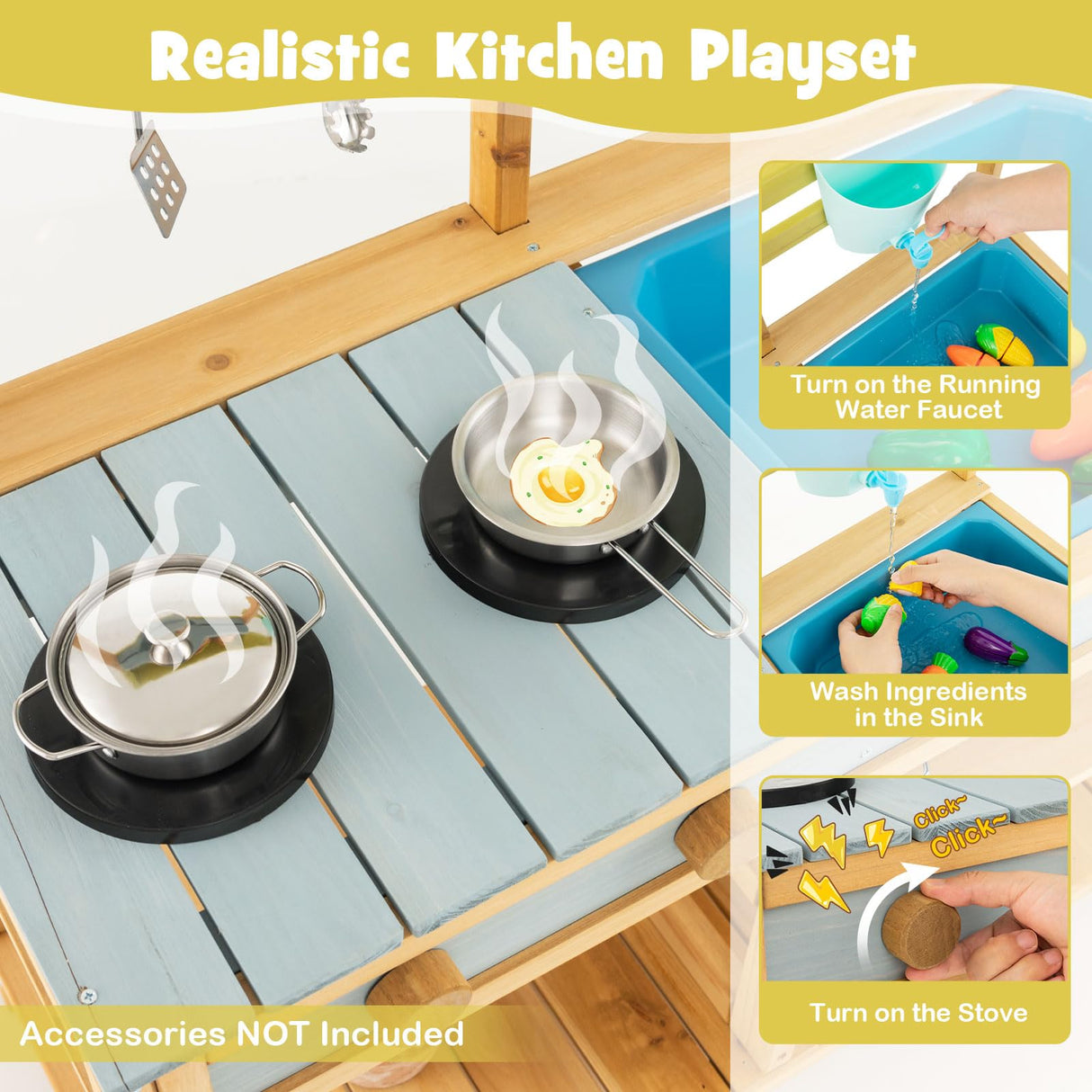 HONEY JOY Mud Kitchen for Kids Outdoor, Fir Wood Pretend Play Toy Kitchen with Removable Sink, Real Water Tank & Faucet, Stove, Toddler Kitchen Playset, Gift for Boys Girls, Natural HONEY JOY