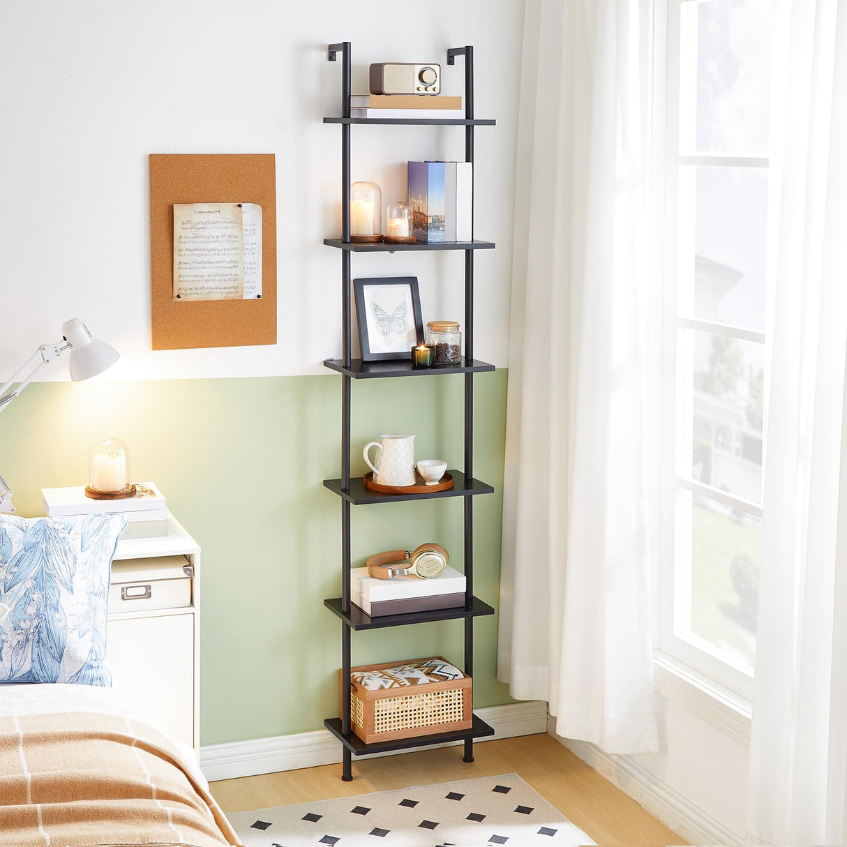 HOOBRO DIY Ladder Shelf, 6-Tier Wooden Wall Mounted Bookshelf, Narrow Bookcase, Display Shelf, Storage Rack, Plant Stand, for Living Room, Bedroom, Study, Balcony, Black BB651CJ01 HOOBRO