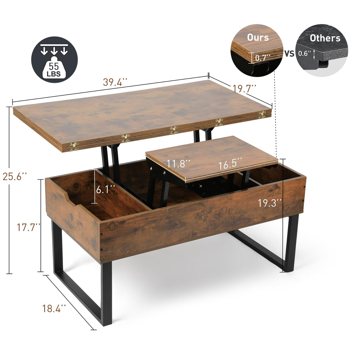 SMOOL Lift Top Coffee Table, 3 in 1 Multi-Function with Hidden Compartment for Living Room, Modern Lift Coffee Table Converts to Dining Table for Reception, Rustic Brown SMOOL