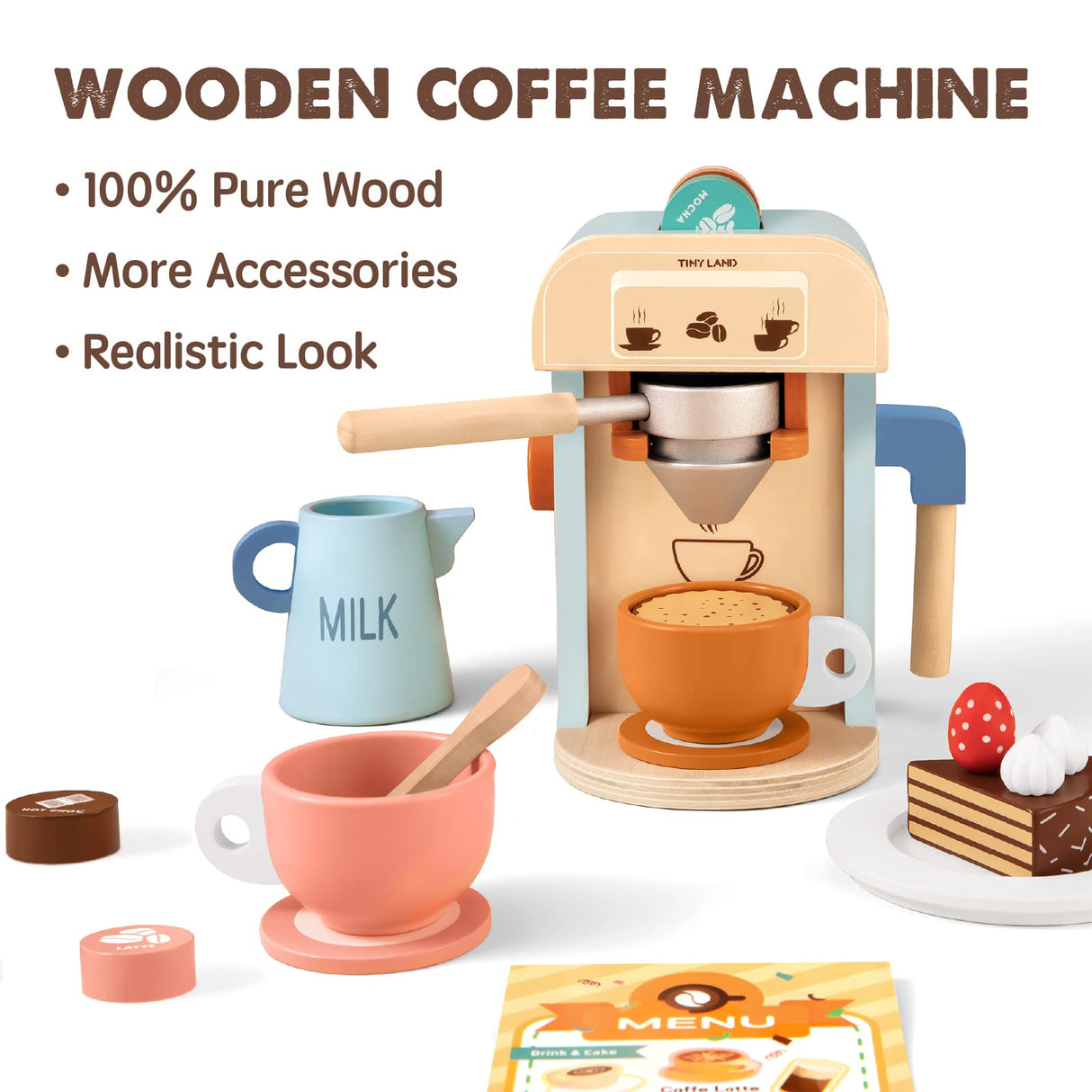 Tiny Land Kids Coffee Maker Wooden Kitchen Toys - 17Pcs Toy Coffee Maker Playset - Wooden Play Toys, Play Kitchen Accessories for Girls & Boys Tiny Land