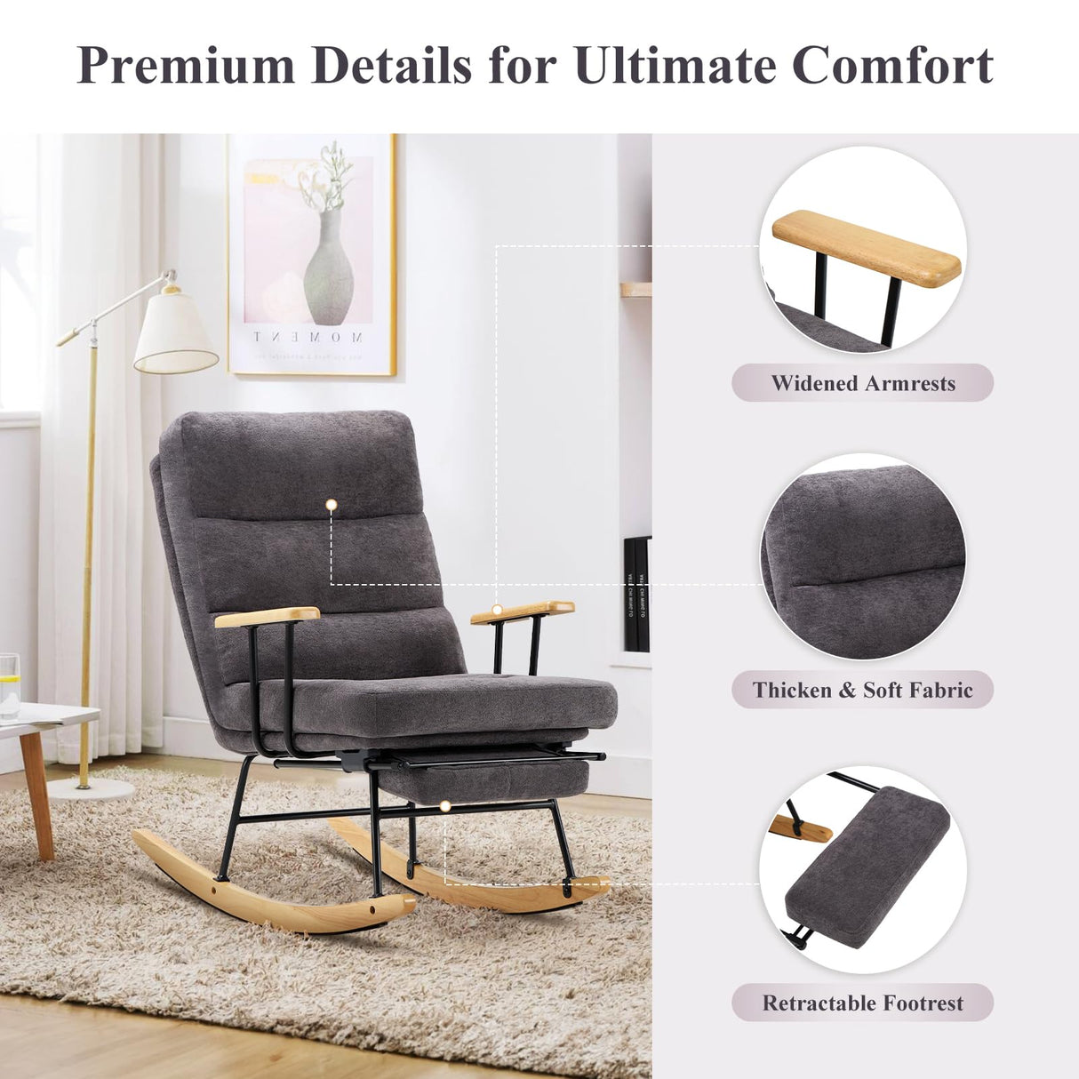 Rocking Chair with Footrest-Glider Rocking Chair with Retractable Footrest and Adjustable Backrest, Teddy Upholstered Accent Chair, Reading Chair Rocking Accent Chairs Glider Recliner for Living Room COLAMY