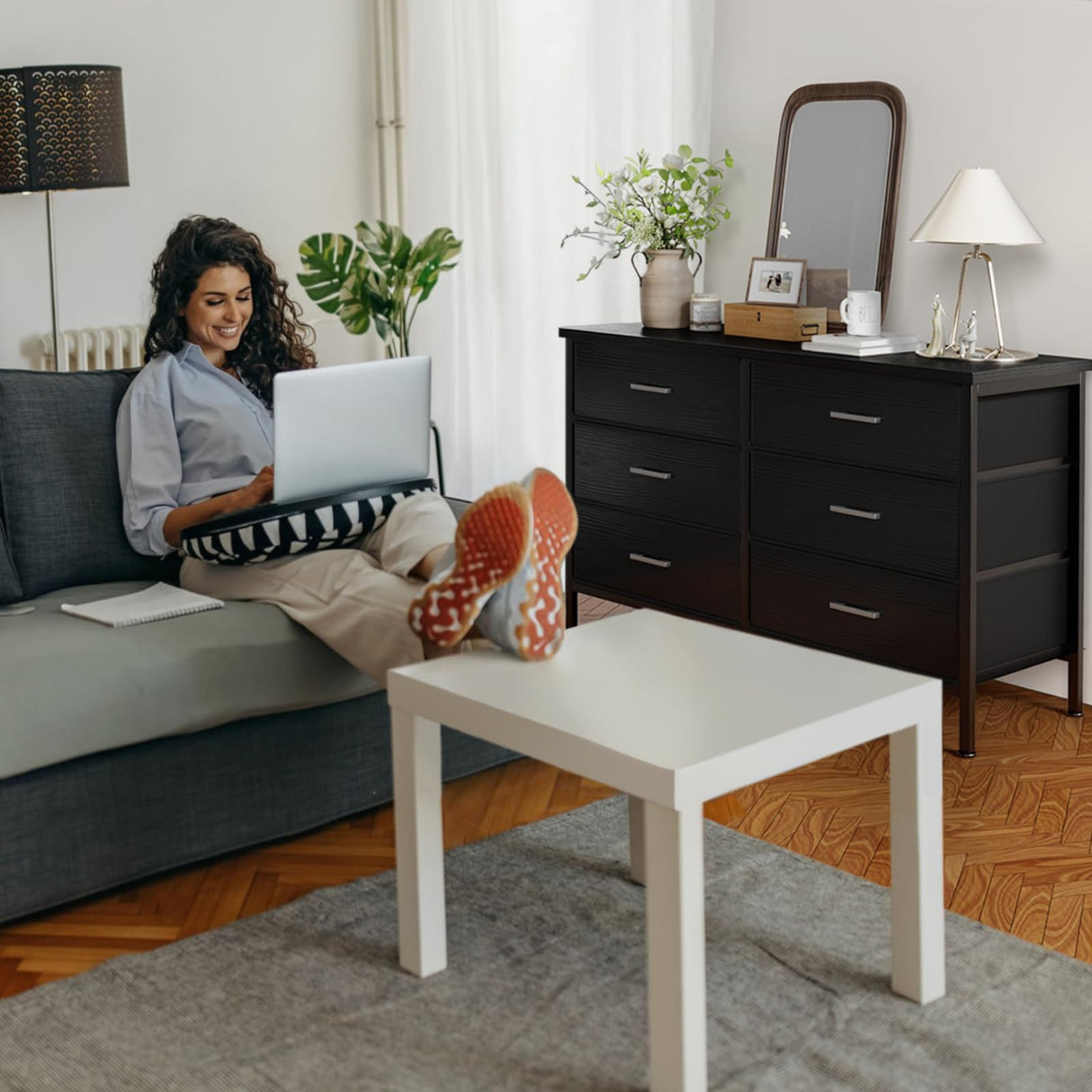 BOLUO Wide Black Dresser for Bedroom 6 Drawer, Dresser TV Stand for 60" TV Dressers & Chests of Drawers Fabric for Closet Modern BOLUO