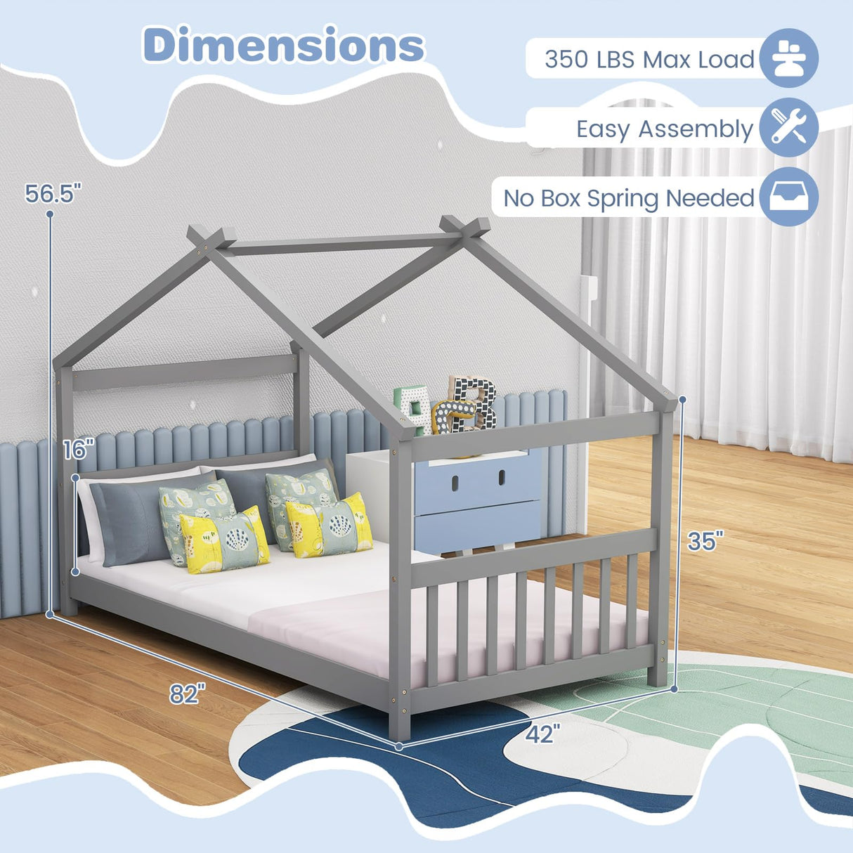 KOMFOTT Grey Twin House Bed Frame for Kids - Low Profile Montessori Tent Bed with Roof & Safety Design KOMFOTT