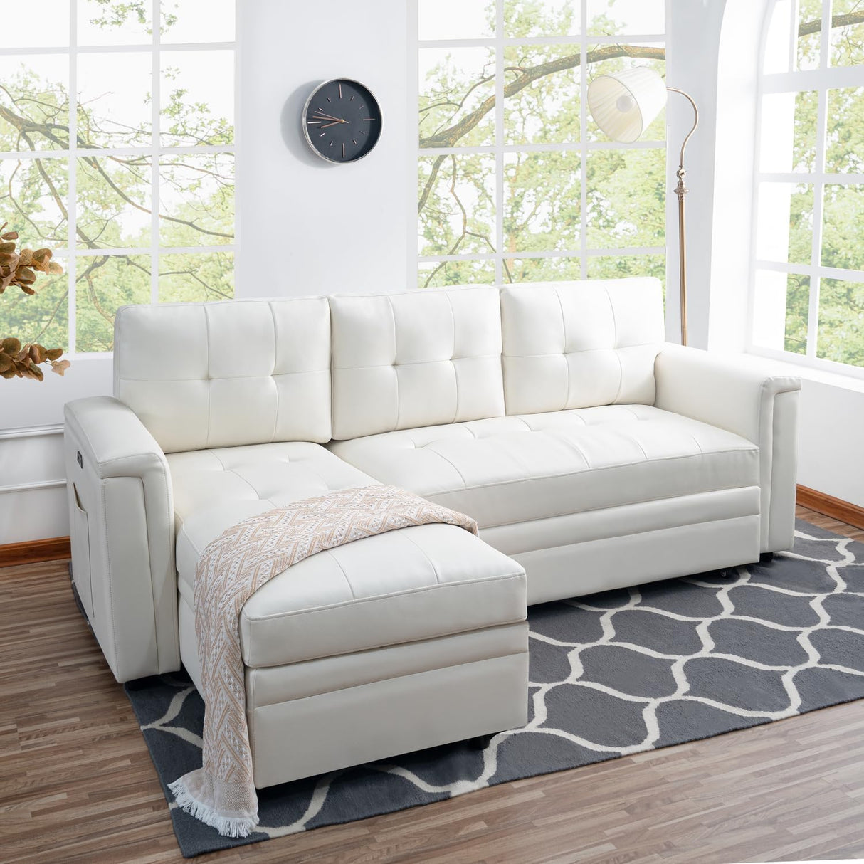 Naomi Home L-Shaped Sectional Sleeper Sofa with USB Ports - Convertible Pull-Out Bed, Ample Storage, Timeless Design, Durable Construction, White/Air Leather Naomi Home