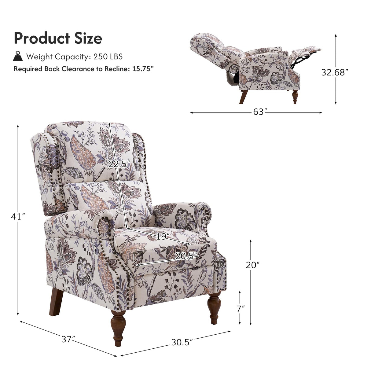 The support you need Pushback Recliner Chair, Upholstered Floral Fabric Wingback Chair, Single Sofa Accent Chair with Wood Legs and Rivet Decoration for Living Room Bedroom, Green The support you need