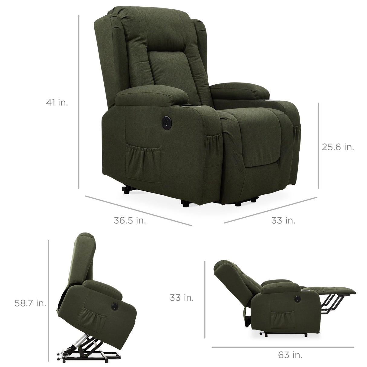 Best Choice Products Modern Linen Electric Power Lift Chair, Recliner Massage Chair, Adjustable Furniture for Back, Legs w/ 3 Positions, USB Port, Heat, Cupholders, Easy-to-Reach Button - Olive Best Choice Products