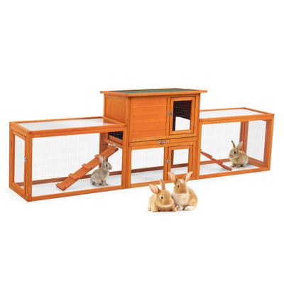 94.5" Large Rabbit Hutch Outdoor Indoor, Wood Rabbit House Bunny Cage for Multiple Small Animals with No-Leak Pull-Out Tray, Weatherproof Roof, Orange