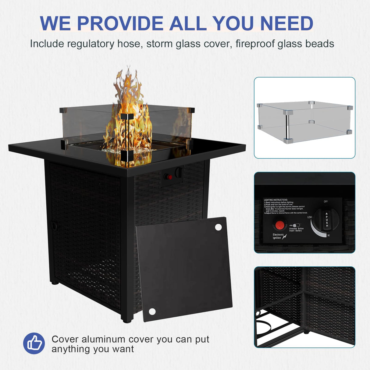 Ophelian 8 Piece Patio Furniture Set with Fire Pit Table, Wicker Outdoor Sectional Furniture, Outside Rattan Patio Couch Sets for Backyard, Garden, Deck (Brown/Blue) Ophelian