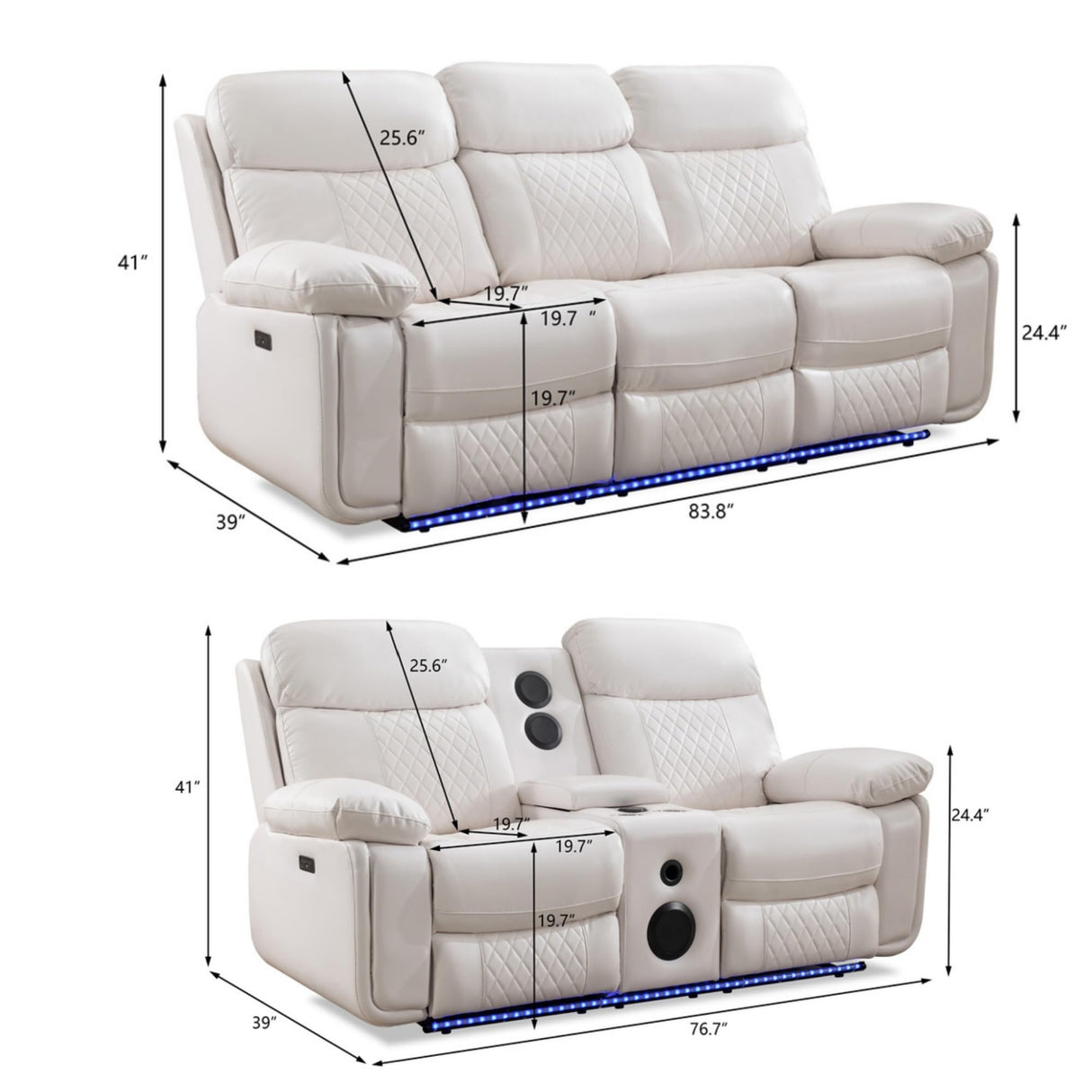 KEIKI 2-Piece Power Reclining Sofa Set with 1 Oversized Technical Leather 3-Seater Sofa & 1 Loveseat Sofa, Electric Control 5-Seater Couch Set with Cup Holder, Storage Armrest, for Living Room, White KEIKI