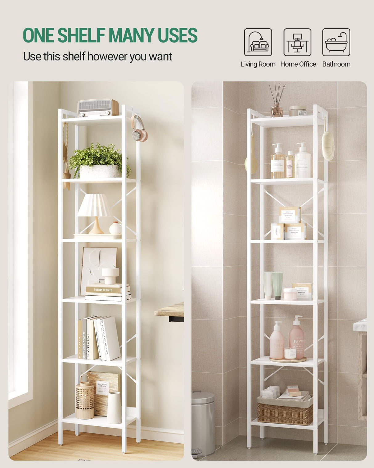 Hzuaneri Bookshelf, Book Shelf, Industrial Bookcase with 2 Hooks, Coner Shelf Storage Organizer for Home Office, Living Room, Bedroom, Kitchen, 6-Tier White BC10713W Hzuaneri